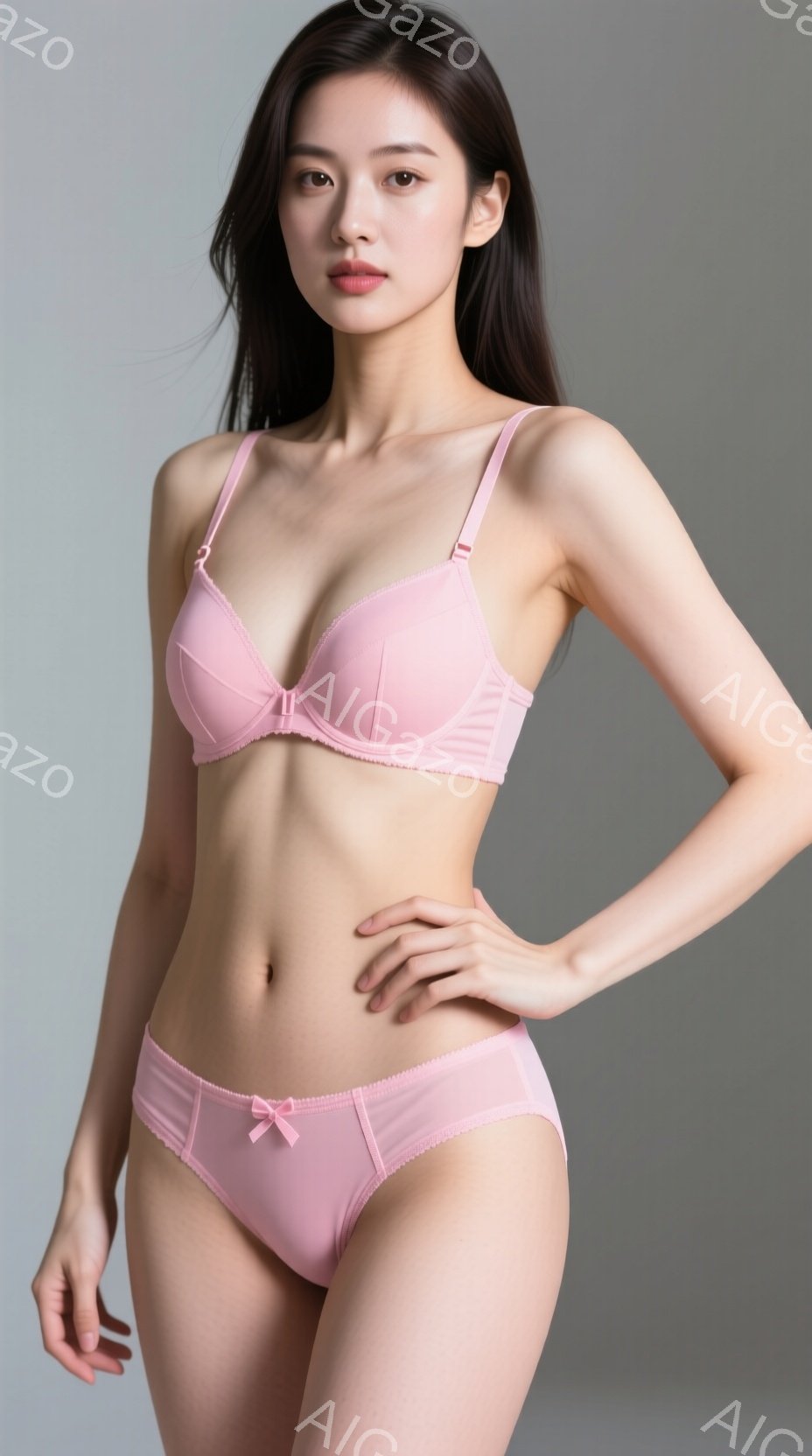 画像は、ピンク色のランジェリーセットを着用した女性を正面から捉えています。彼女はストレートな黒髪で、穏やかな表情で少し微笑んでいます。背景は単調なグレーで、女性の曲線とランジェリーの色合いが際立ってい - AI生成フリー素材