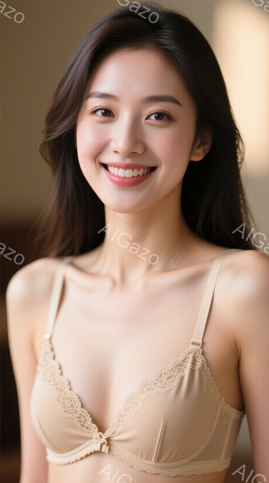 長い茶色の髪を肩にかけた女性が、ベージュ色のレース付きブラレットを着用し、優しく微笑んでいます。彼女は正面を向き、リラックスした姿勢で、穏やかで自然な雰囲気を醸し出しています。背景はぼやけていますが、 - AI生成フリー素材