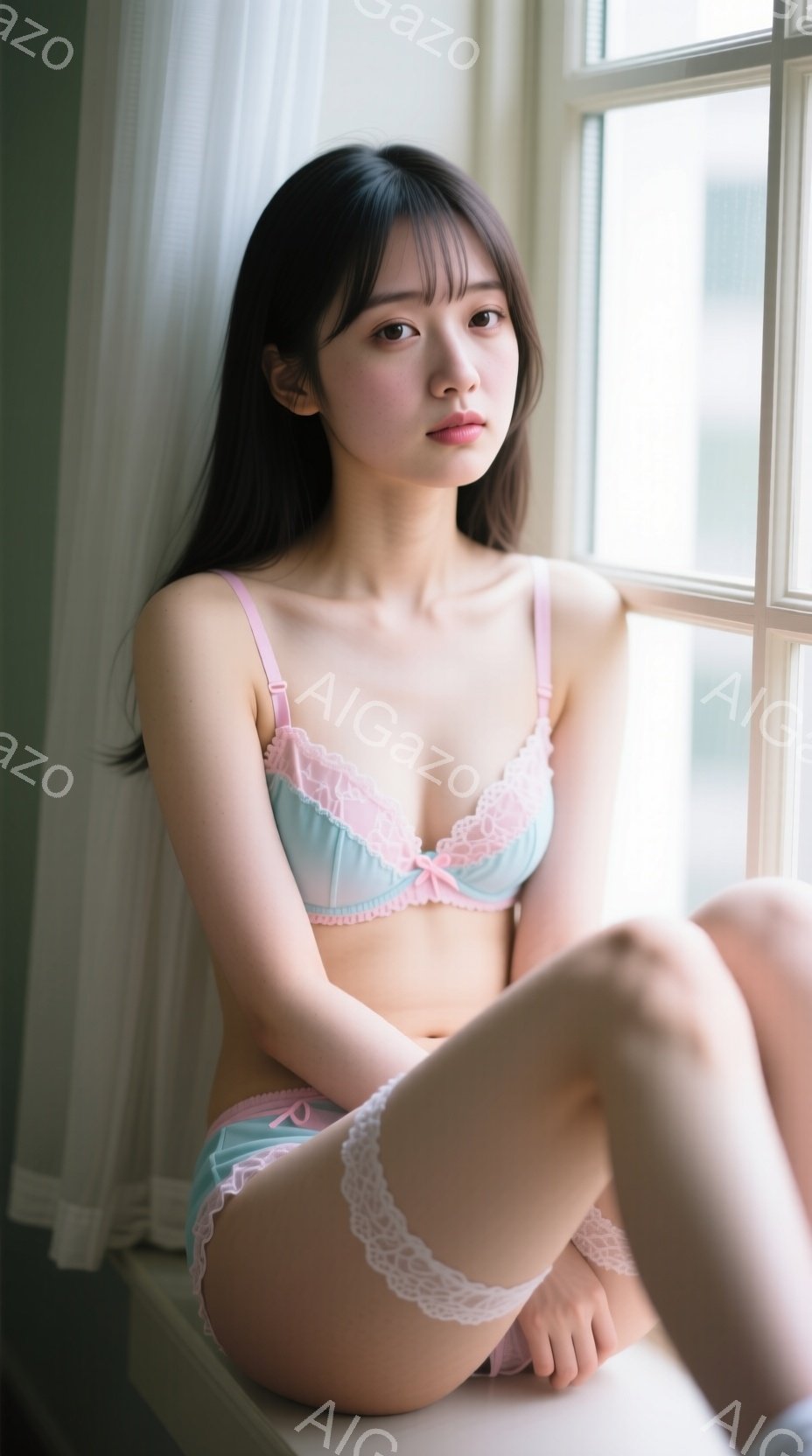 長い黒髪を肩にかけた女性が、窓辺に座って膝を抱えています。淡い水色のレース付きブラジャーとショーツ姿で、控えめな表情を浮かべています。背景には白いカーテンと窓の外のぼやけた景色が見え、全体的に柔らかく - AI生成フリー素材