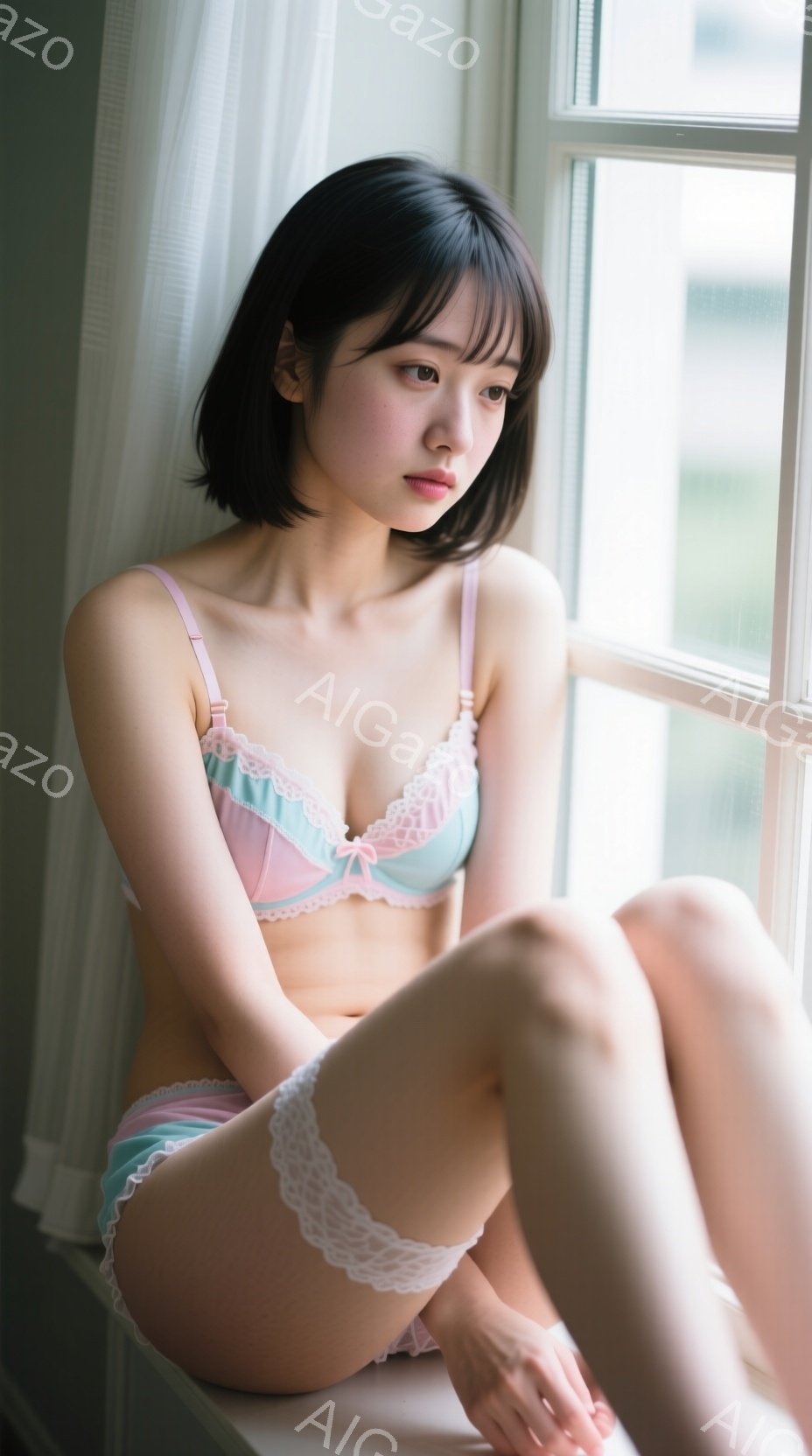 短い黒髪の女性が、パステルブルーとピンクのレースのブラとショーツ姿で、窓枠に腰掛けて座っています。彼女は少し物憂げな表情で、遠くを見つめており、膝を抱えています。背景にはぼやけた都市の風景が見え、室内 - AI生成フリー素材