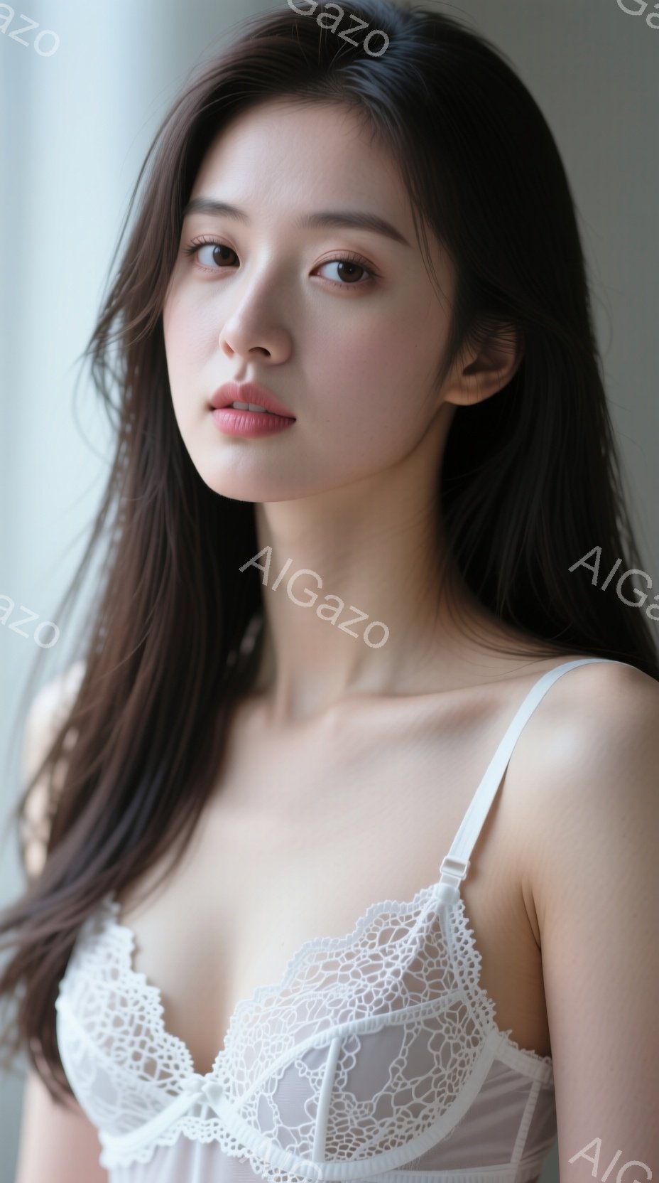 長い黒髪を肩から下で自然に垂らし、白いレースのキャミソールを着た若い女性が写っている。彼女は穏やかな表情で、少し微笑んでいるように見える。背景はぼやけているが、窓からの光が柔らかく彼女を照らし、全体的 - AI生成フリー素材