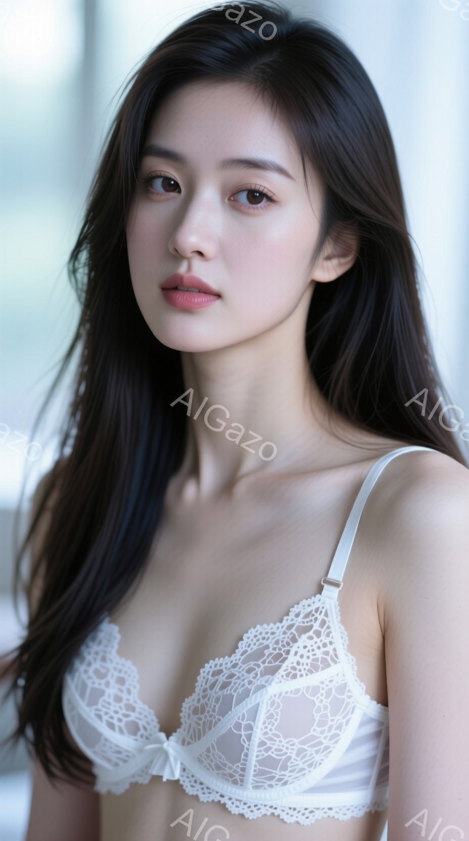 長い黒髪を肩から下で自然に垂らし、白いレースのブラレットを着た女性が写っています。彼女はわずかに微笑み、カメラに向かって穏やかな表情を浮かべています。背景はぼやけており、窓から差し込む光が彼女を照らし - AI生成フリー素材