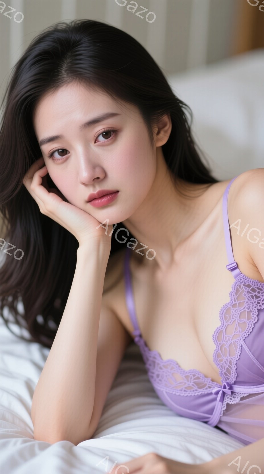 長い黒髪の女性が、淡いラベンダー色のレースのブラレットを着用し、白いベッドに横たわっています。彼女は片手を頬にあて、リラックスした表情でカメラを見つめています。背景はぼやけており、穏やかで穏やかな雰囲 - AI生成フリー素材