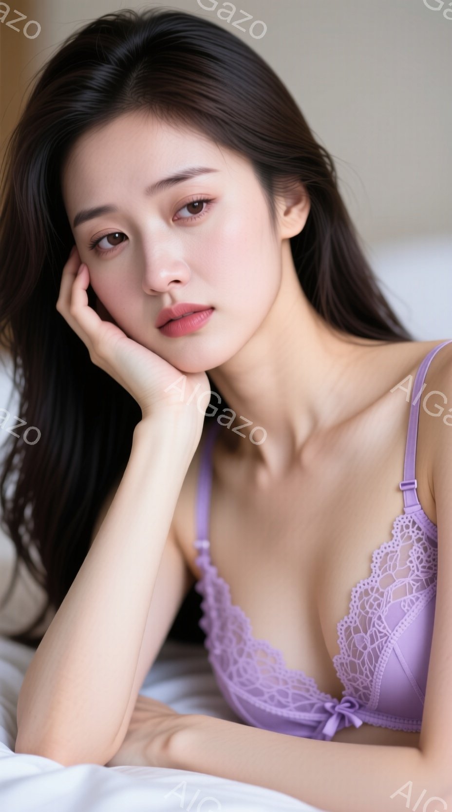長い黒髪を肩にかけ、淡い紫色のレースのブラレットを着た女性が写っています。彼女はベッドに横たわり、片方の手で頬を支え、落ち着いた表情でこちらを見ています。背景はぼやけており、柔らかく穏やかな雰囲気が漂 - AI生成フリー素材