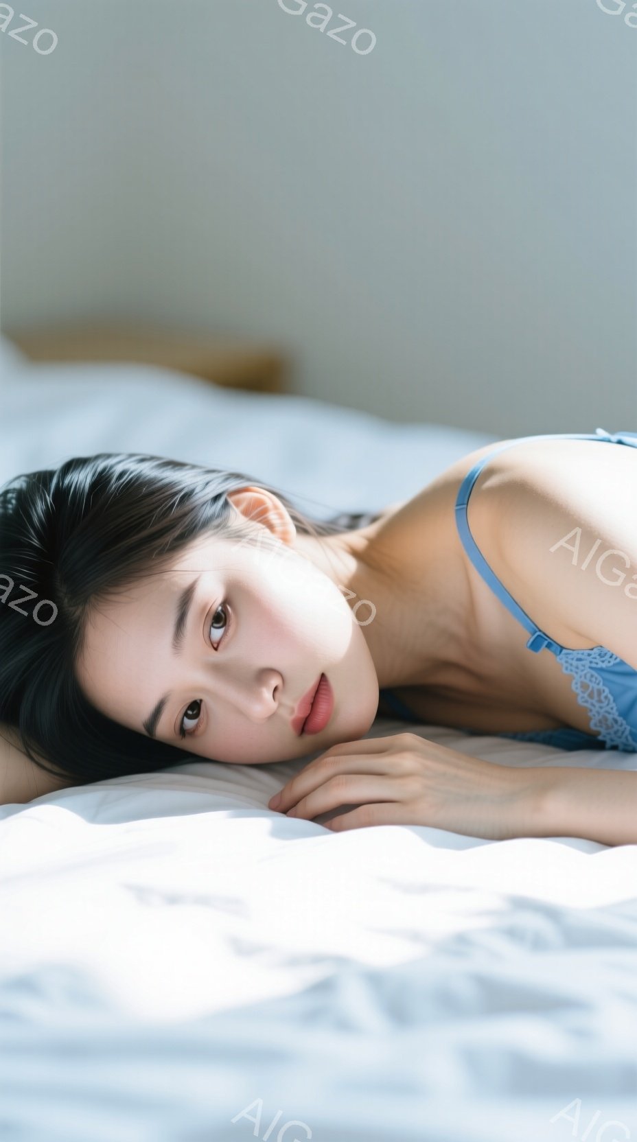 黒髪の女性が白いベッドに横たわっており、青いレースのキャミソールを着ています。彼女は片手を頭の下に添え、穏やかな表情でカメラを見つめています。背景はシンプルで、柔らかい光が彼女を照らし、リラックスした - AI生成フリー素材