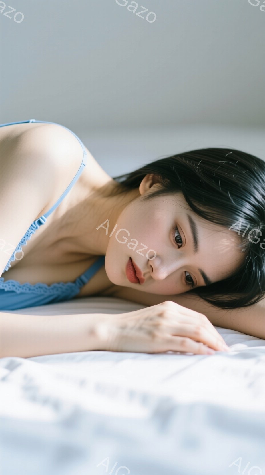 青いキャミソールを着た女性が、白いシーツの上に横たわっています。彼女は片手を頬にあて、目を閉じ、リラックスした表情を浮かべています。全体的に柔らかい光が差し込み、穏やかで夢見心地な雰囲気を醸し出してい - AI生成フリー素材