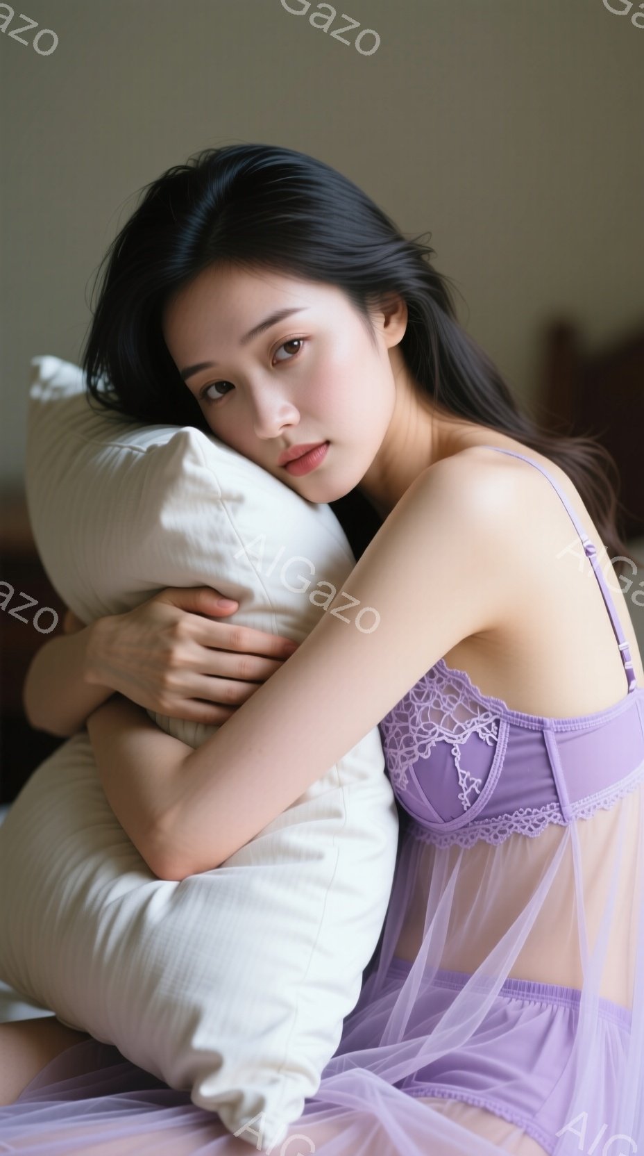 長い黒髪を肩にかけた女性が、ラベンダー色の繊細なレースのキャミソールと、透け感のあるガウンを身につけています。彼女は白い枕を抱きかかえ、わずかに微笑み、リラックスした表情をしています。背景はぼやけてい - AI生成フリー素材