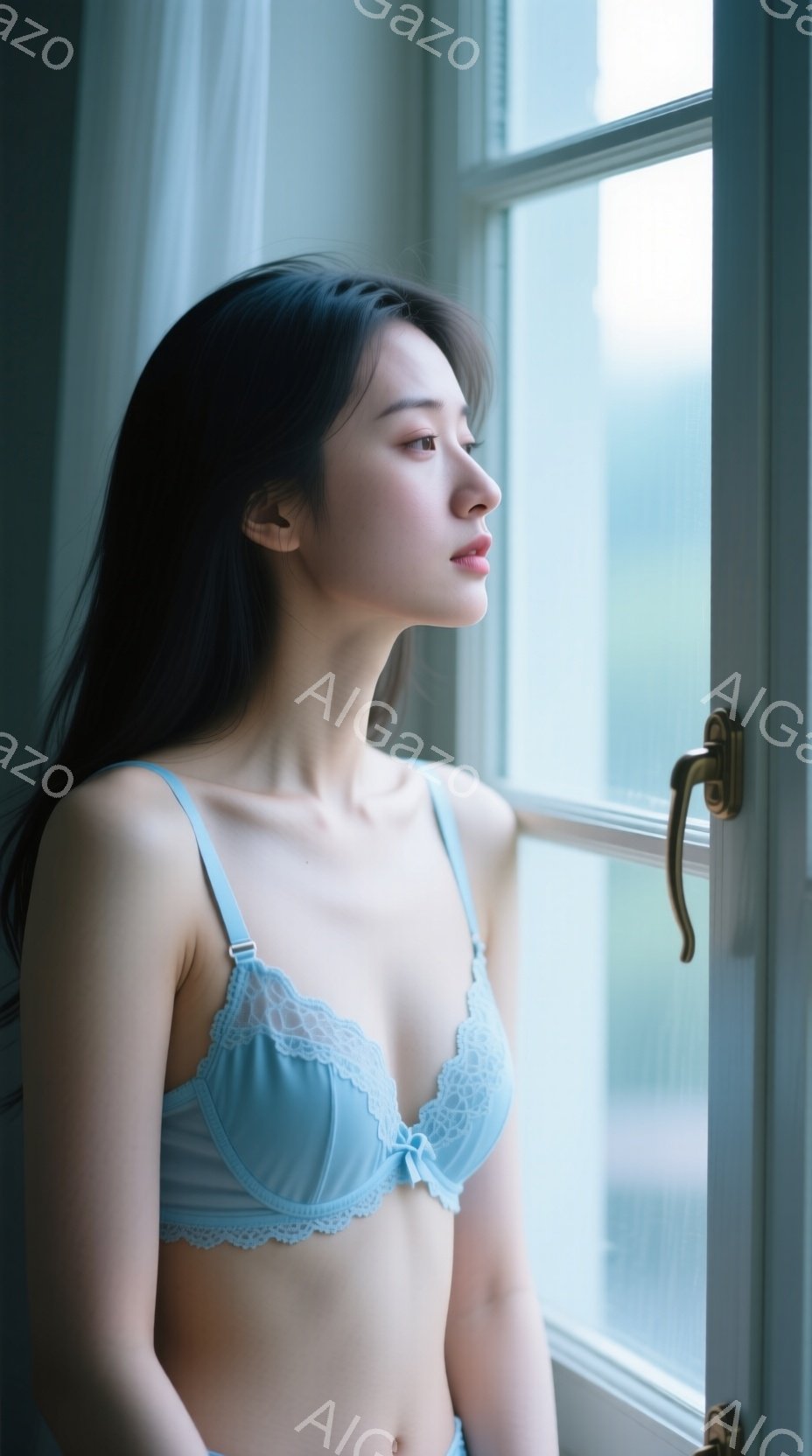長い黒髪の女性が、窓の外を見つめています。淡い水色のレースのブラとショーツを身につけ、少し憂いを帯びた表情で横顔を見せています。背景にはぼやけた建物が見え、穏やかな光が差し込み、全体的に静かで内省的な雰囲気を醸し出しています。