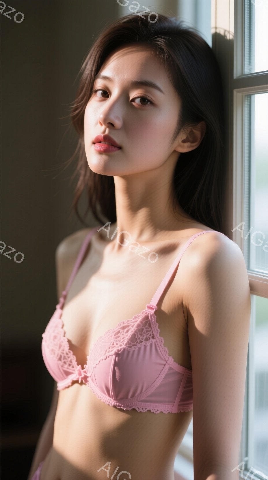 薄いピンク色のレースのブラレットとショーツを着用した若い女性が写っている。彼女は軽く微笑み、少し内側に傾いた姿勢で窓枠に寄りかかり、柔らかい光が彼女の肌を照らしている。背景はぼやけており、室内である様子がわかる。