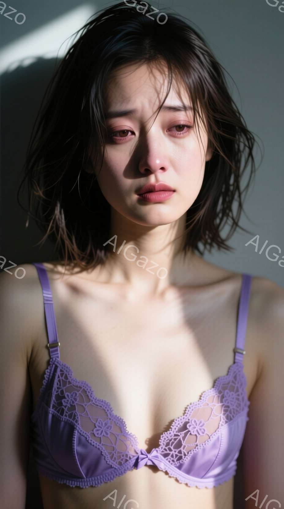 紫色のレースのブラレットを着た女性が写っています。彼女は黒髪で、少し無造作にカットされており、顔は憂いを帯びた表情をしています。背景は薄暗く、光が彼女の体に斜めに差し込み、影を作っています。 - AI生成フリー素材