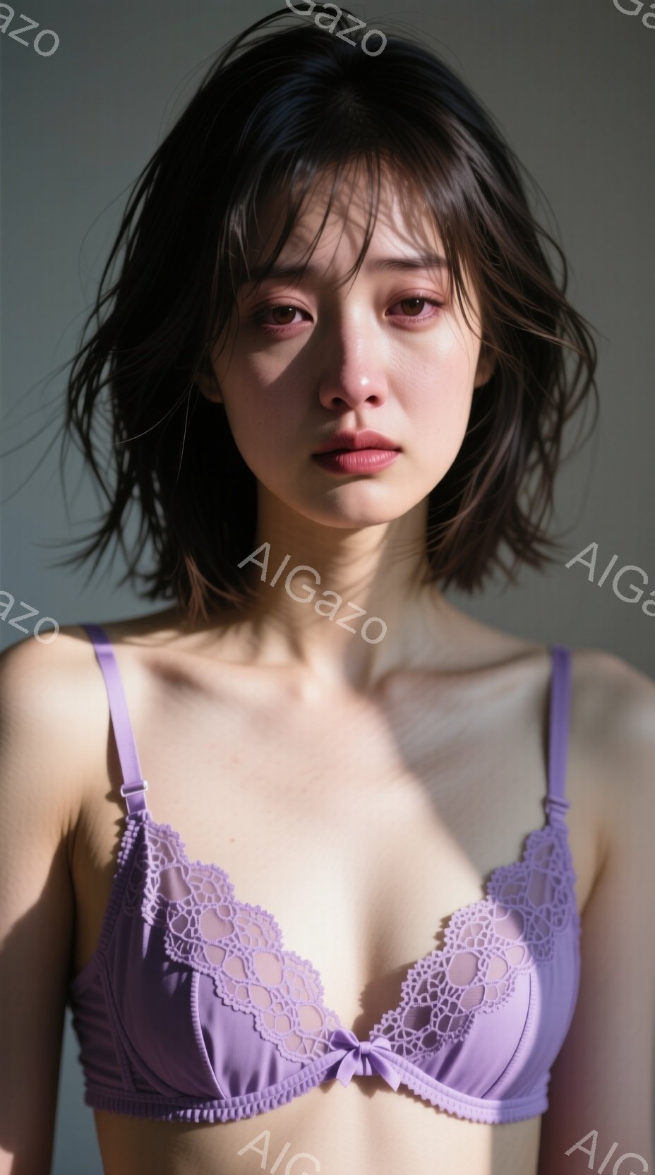 浅い紫色レースのブラレットを着た若い女性が写っている。彼女はダークブラウンの肩までの長さの髪を持ち、わずかに顔にかかっている。彼女の表情は穏やかで、唇は閉じている。 - AI生成フリー素材