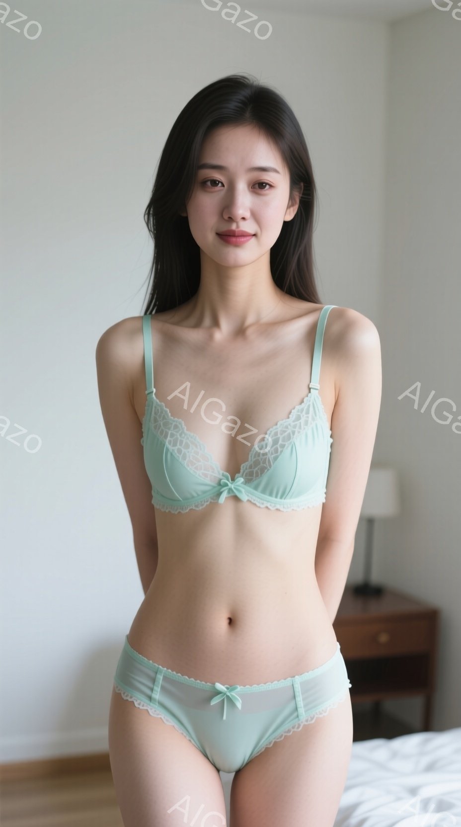 ターコイズブルーのレース装飾が施されたブラジャーとショーツを着用した若い女性が立っています。彼女は長い黒髪で、穏やかな表情を浮かべており、わずかに微笑んでいます。背景には白くシンプルなベッドと木製のナ - AI生成フリー素材
