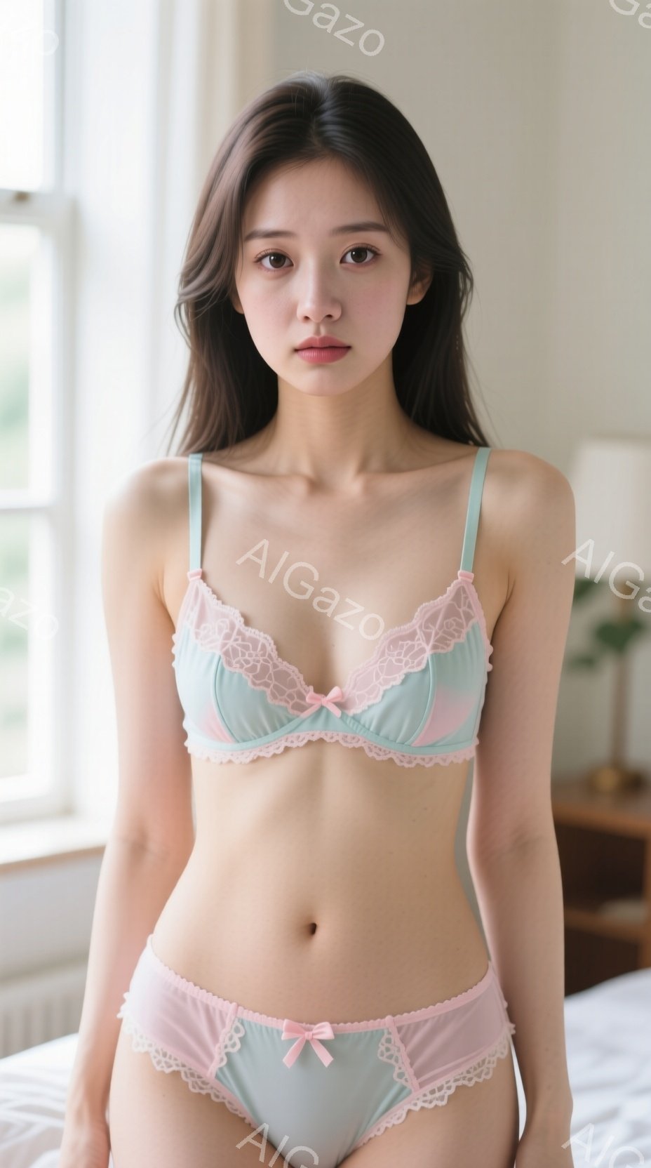 明るい室内で、薄緑色のレース装飾のブラジャーとショーツを着用した若い女性が立っています。彼女はストレートロングヘアで、やや微笑んだ表情を浮かべています。背景には木製の家具と窓から差し込む自然光が見え、 - AI生成フリー素材