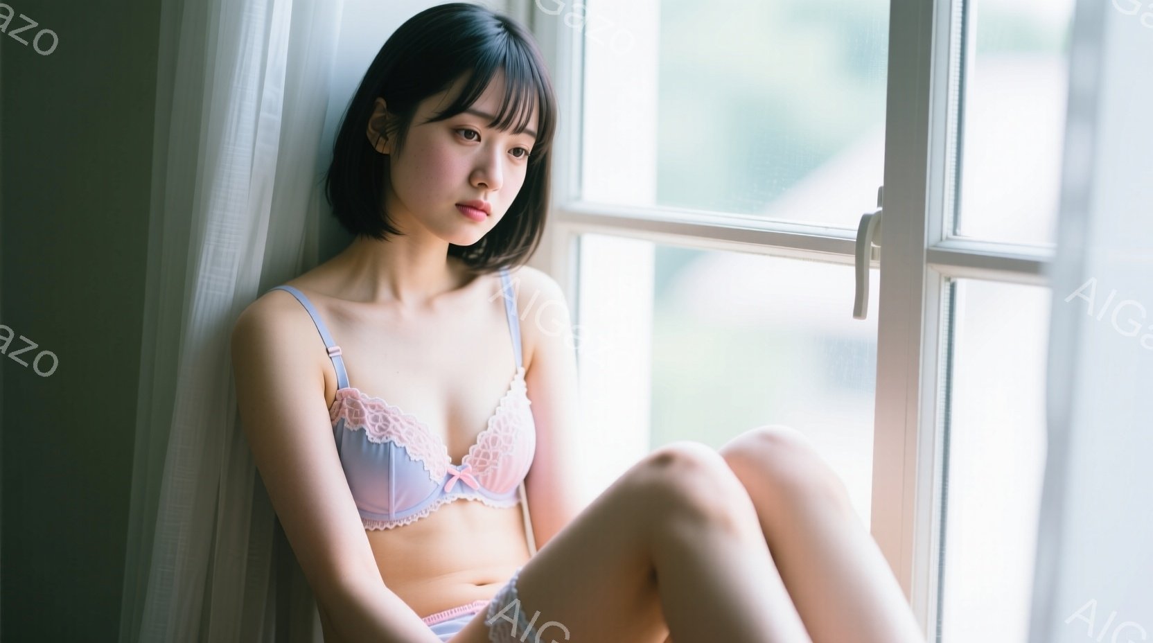 若い女性が窓辺に座り、淡い水色のレース付きブラとショーツを着用しています。彼女は黒いボブヘアで、少し憂いを帯びた表情をしています。背景にはぼやけた外観が見え、全体的に柔らかく繊細な雰囲気を醸し出してい - AI生成フリー素材