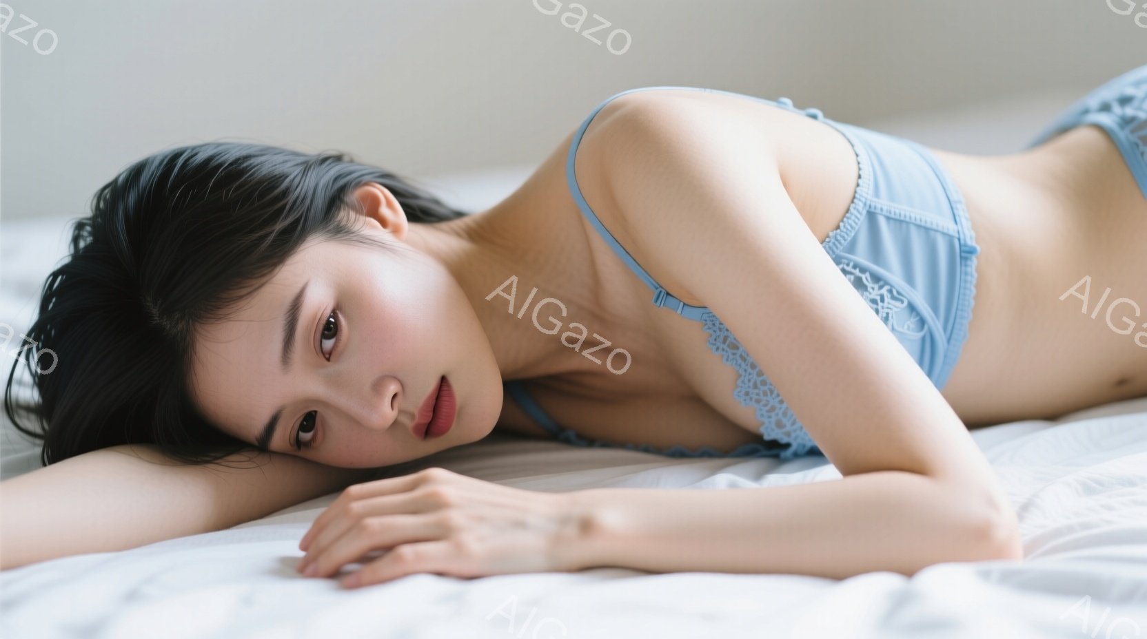 黒髪の女性が白いベッドに横たわっており、淡い青色のレースのブラレットとショーツを着用しています。彼女は片手を顔の下に添え、カメラに向かって少し憂いを帯びた表情で視線を送っています。背景は白く、全体的に - AI生成フリー素材