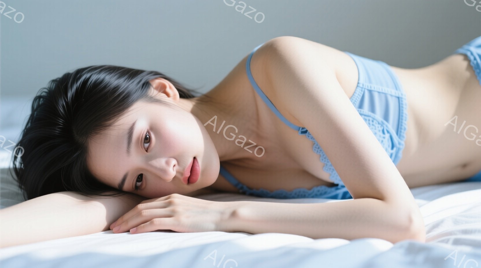 黒髪の女性が白いベッドに横たわっており、淡い青色のレースのブラレットを着用しています。彼女は片方の腕を顔の下に添え、リラックスした表情でカメラを見つめています。背景はぼやけており、部屋の内装の一部が見えますが、全体的に柔らかく、穏やかな雰囲気です。