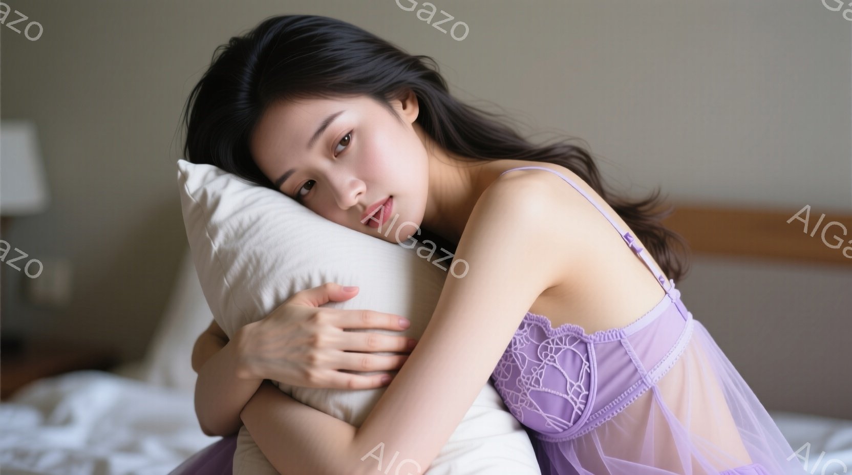長い黒髪を無造作に垂らし、淡い紫色のレースのキャミソールを着た女性が、白い枕を抱きしめて横たわっています。彼女は穏やかな表情でカメラを見つめ、リラックスした雰囲気を醸し出しています。背景はシンプルな寝室で、全体的に柔らかく優しい雰囲気が漂っています。