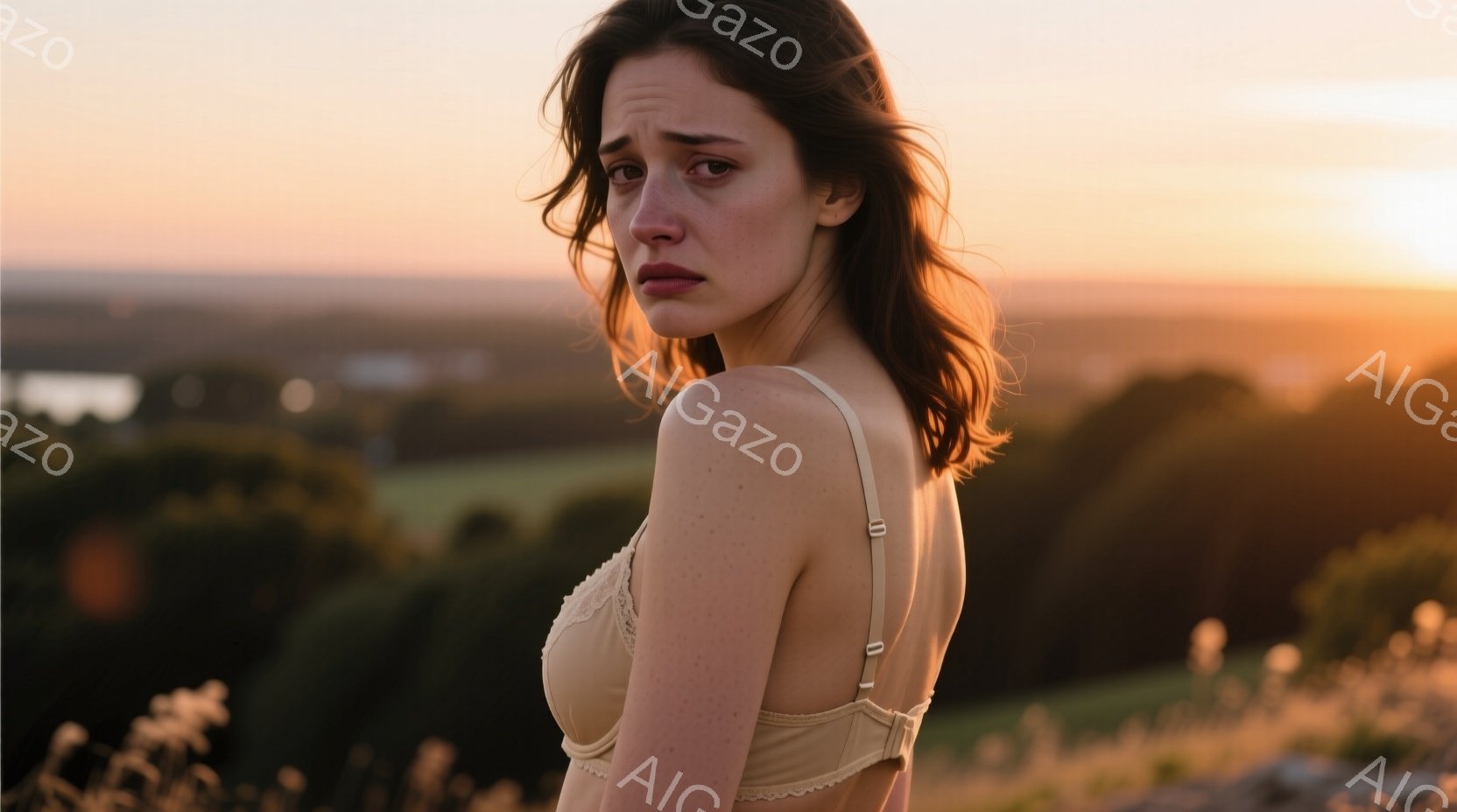 金髪の女性は肩出しのベージュ色のブラレットを着ており、少し悲しげな表情で遠くを見つめています。彼女は髪を無造作にまとめ、肩に何かをかけているようです。背景には夕焼けに照らされた緑豊かな丘陵地帯が広がり、オレンジと黄色のグラデーションが美しい空が広がっています。