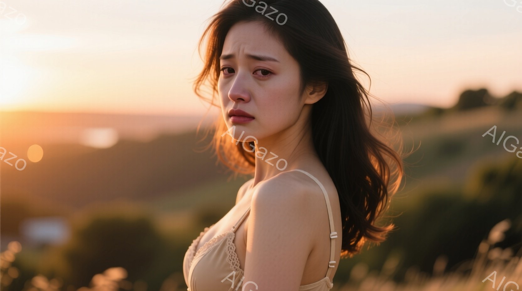 長い黒髪を無造作に垂らし、肩出しのクリーム色のキャミソールを着た若い女性が描かれている。彼女は少し悲しげな表情で横を向いており、夕焼けに照らされた草原の中に立っている。背景にはぼやけた緑の丘陵地帯と、夕焼けのオレンジ色の光が広がり、全体的に物憂げで穏やかな雰囲気を醸し出している。