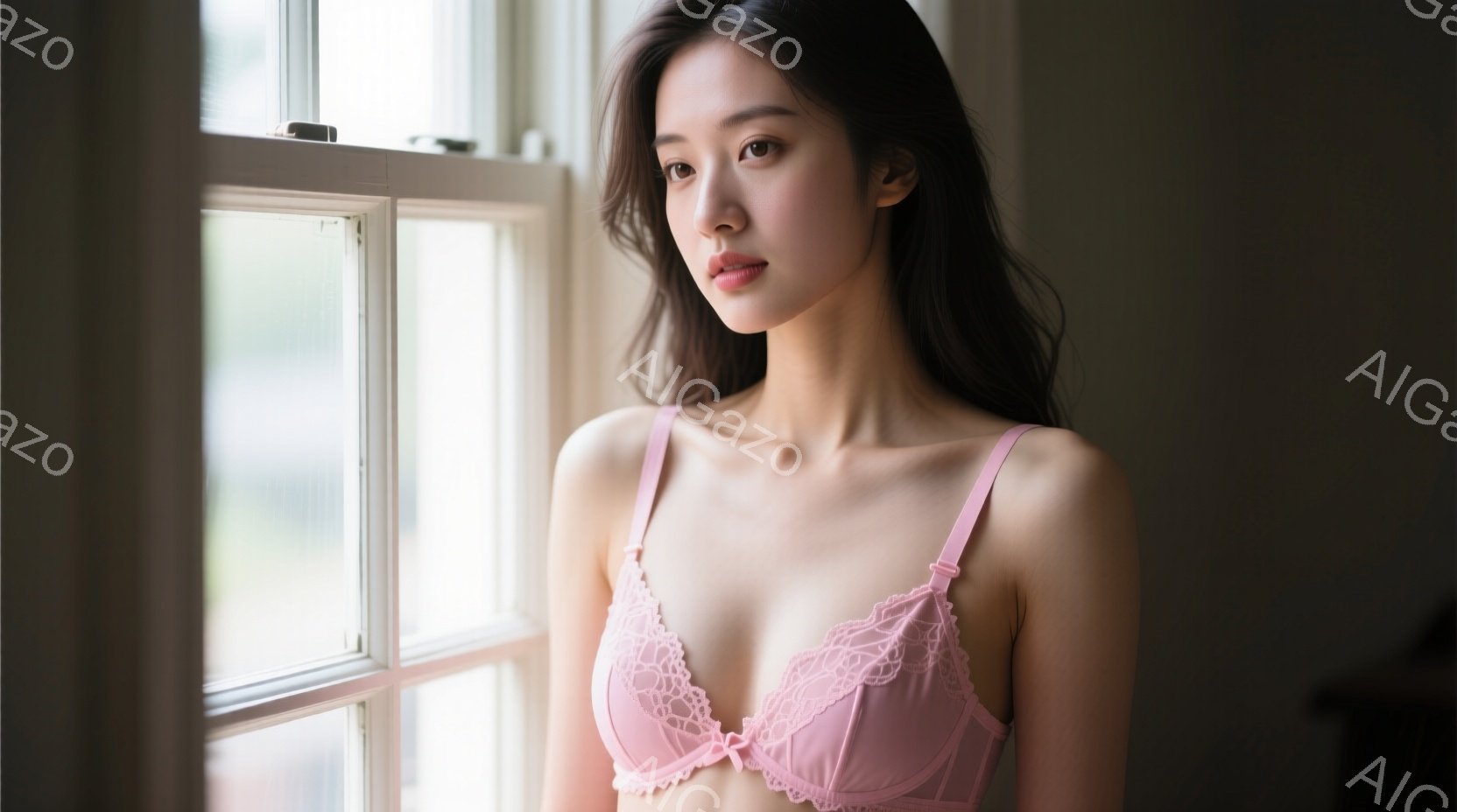 長い黒髪をなびかせ、薄いピンク色のレースのブラレットを着た若い女性が、窓のそばに立っている。彼女は穏やかな表情で、少し下を見つめている。窓の外には緑が見え、柔らかい光が差し込み、全体的に穏やかで優しい - AI生成フリー素材