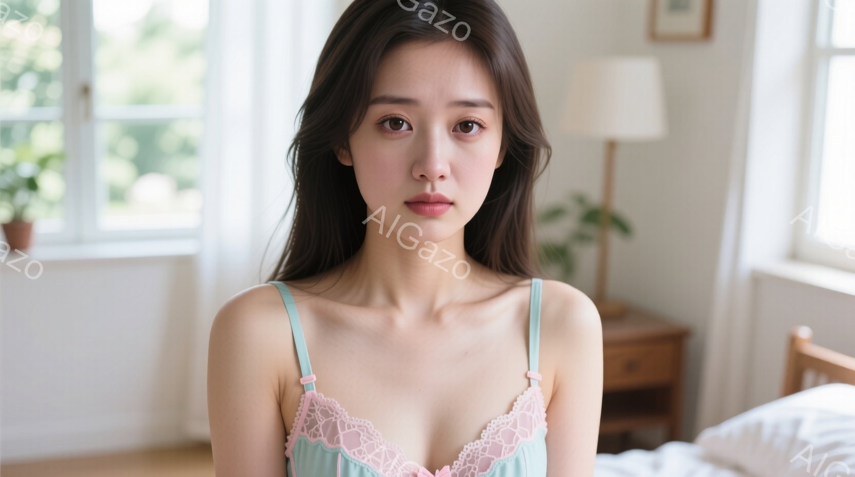 長い黒髪を肩まで伸ばした女性が、淡い水色のレース付きキャミソールを着て正面を見つめている。彼女はわずかに微笑んだ表情で、リラックスした姿勢でベッドに寄りかかっている。背景には木製のナイトスタンドと窓か - AI生成フリー素材