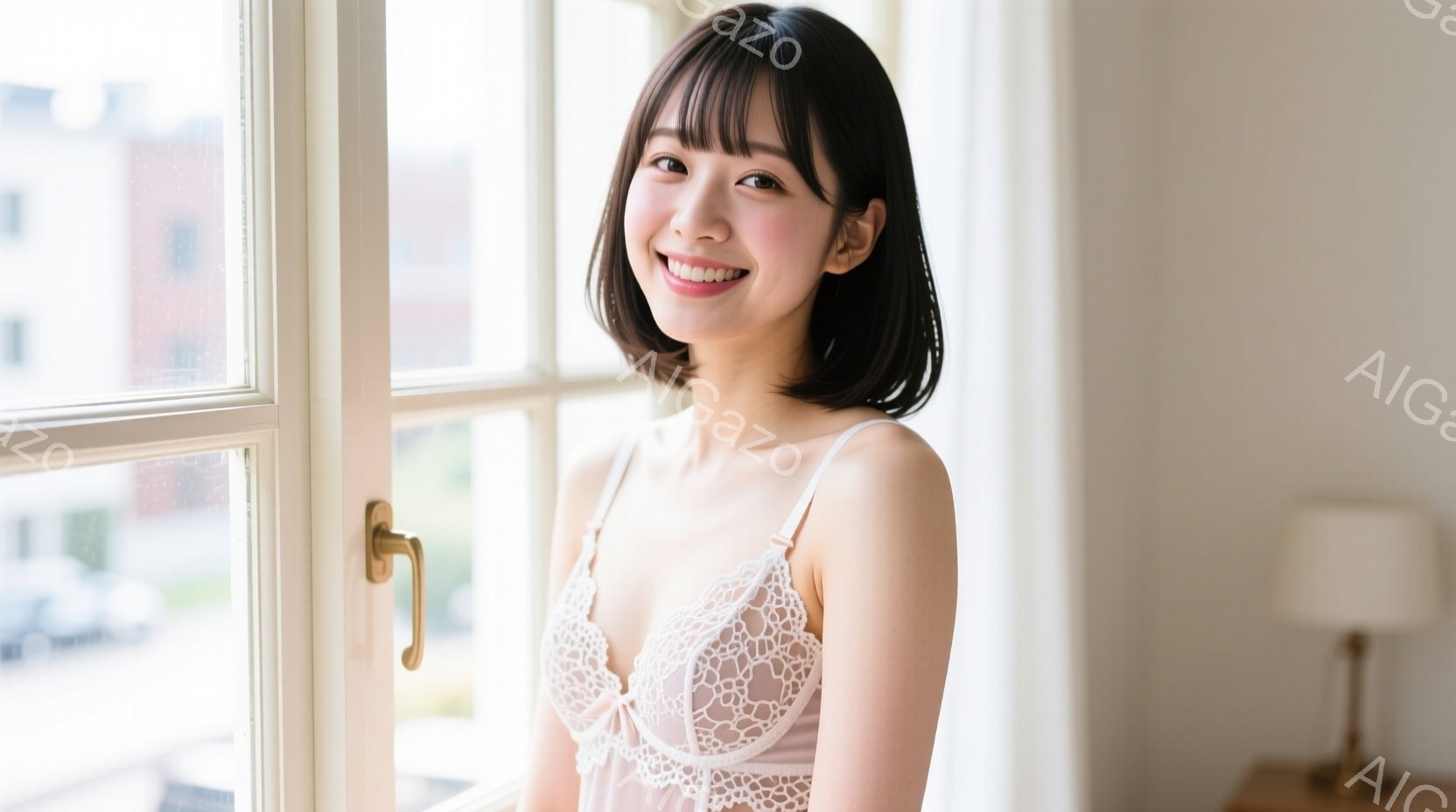 黒髪のボブヘアで、笑顔を浮かべた若い女性が窓辺に立っています。繊細なレースのブラレットを身につけ、リラックスした姿勢でカメラを見つめています。背景には、建物がぼんやりと見え、明るい自然光が差し込み、穏 - AI生成フリー素材