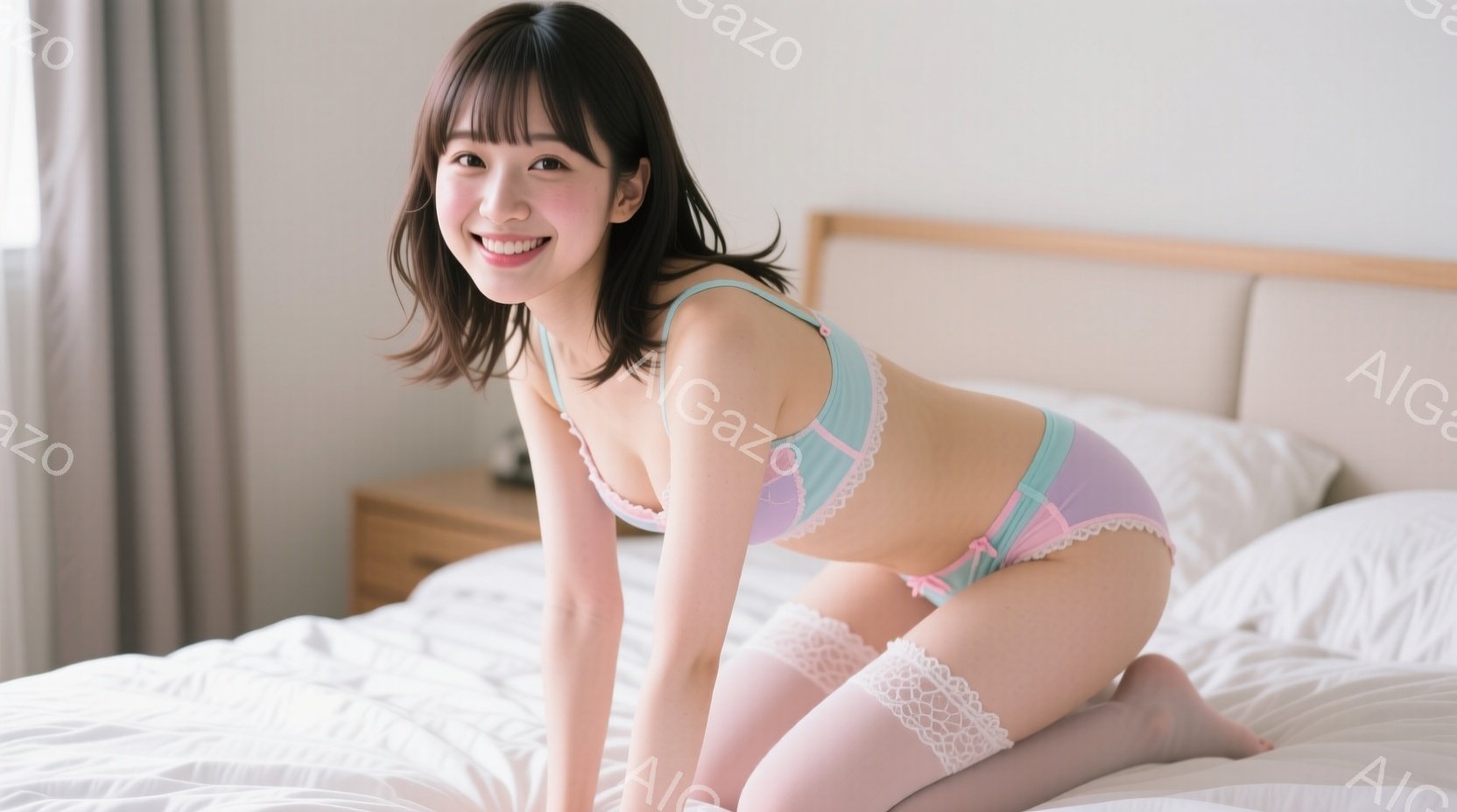 明るいブロンドの髪に前髪を作した女性が、ピンクと水色のレースのランジェリーとニーハイソックスを身に着けてベッドに跪いています。彼女は微笑んでおり、カメラを見ています。背景には白いベッドリネンと木製のナイトスタンドがあり、部屋全体が明るく、柔らかい雰囲気です。