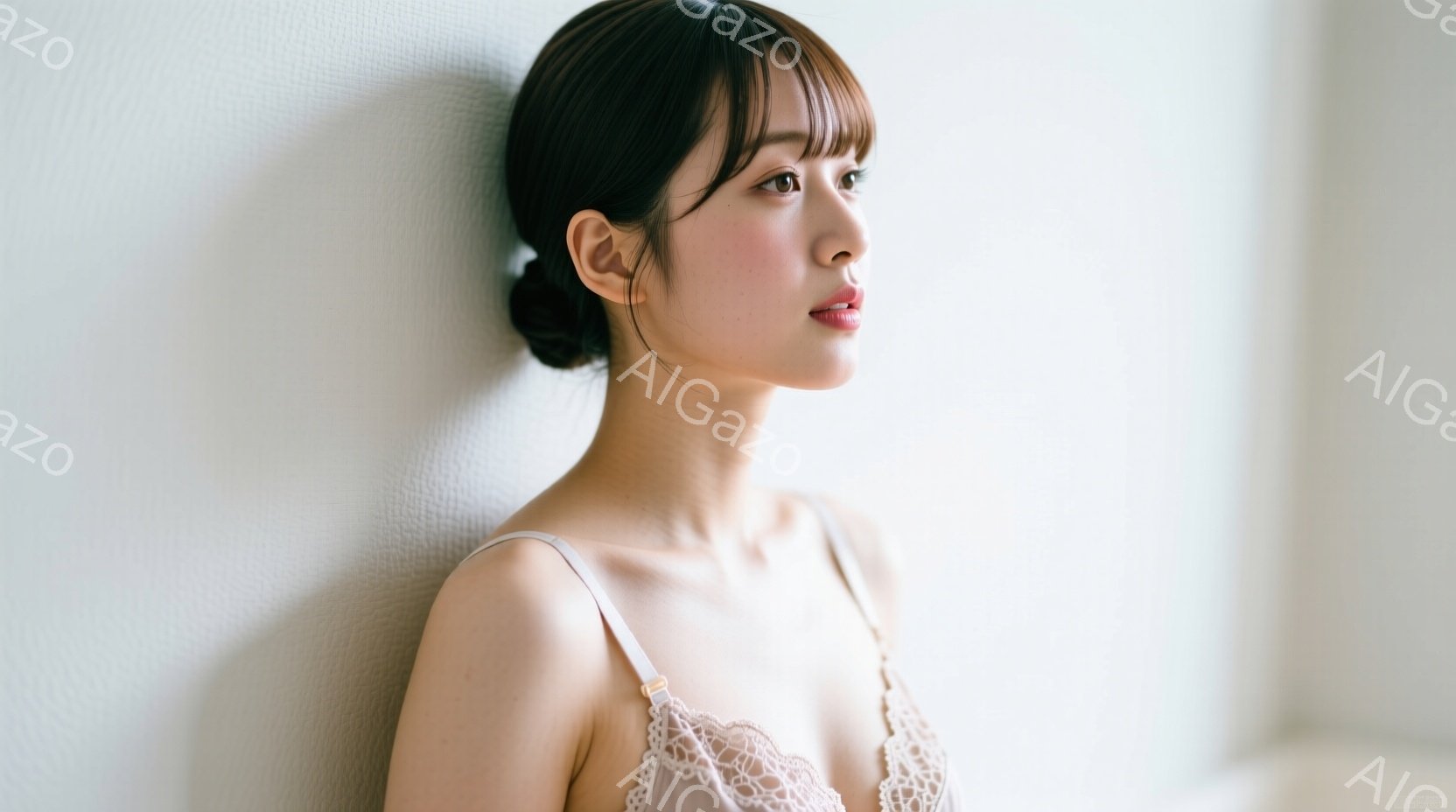 彼女は肩出しのレース装飾が施されたクリーム色のキャミソールを着ており、艶やかな黒髪をハーフアップにしています。横顔で少し上目遣いをしており、憂いを帯びた表情を浮かべています。背景は淡いクリーム色の壁で - AI生成フリー素材