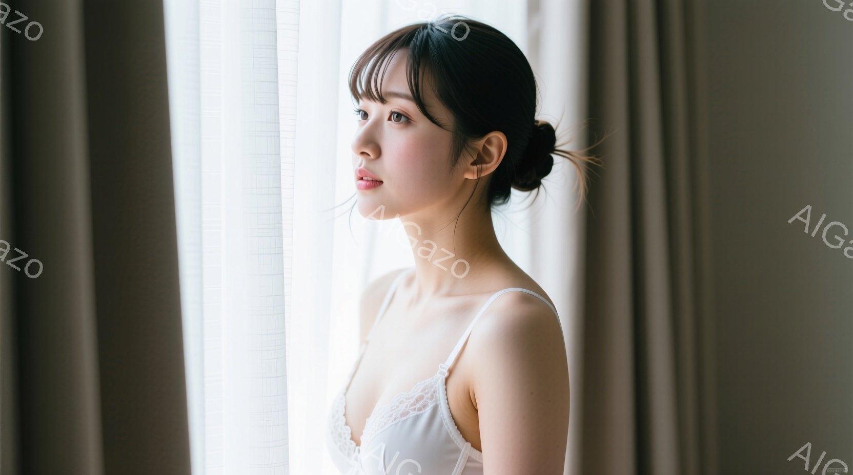 画像は、窓辺に立つ若い女性を捉えています。彼女は肩出しの白いレースのキャミソールを着ており、髪は後ろでまとめられています。彼女は横を向き、遠くを見つめ、物憂げで穏やかな表情をしています。 - AI生成フリー素材