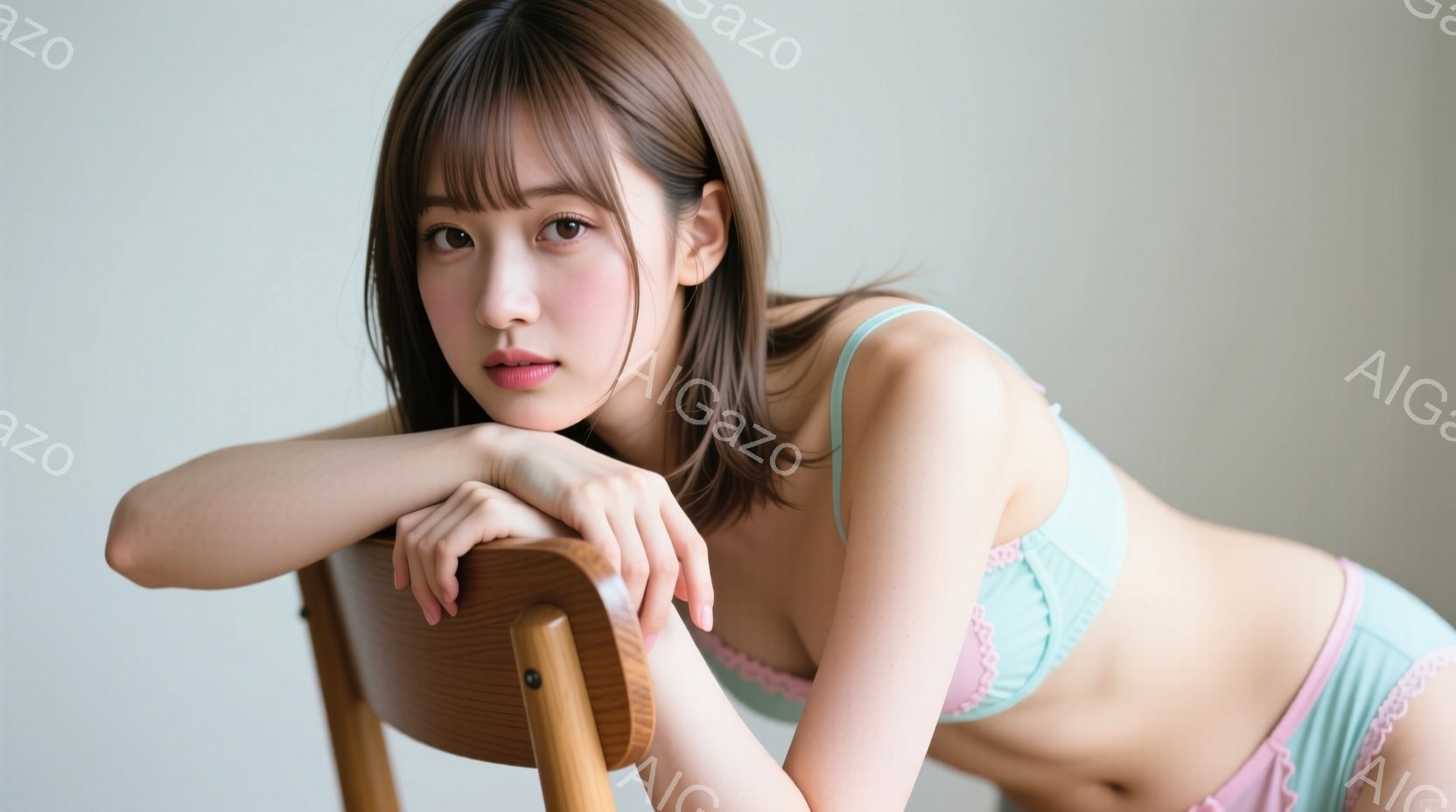 明るい茶髪の女性が、水色のブラジャーとピンクのパンティを身に着けて椅子に腰掛けている。彼女は肘を椅子の背もたれに預け、頬を支えながらカメラを見つめており、優しい微笑みを浮かべている。背景は薄いベージュ - AI生成フリー素材