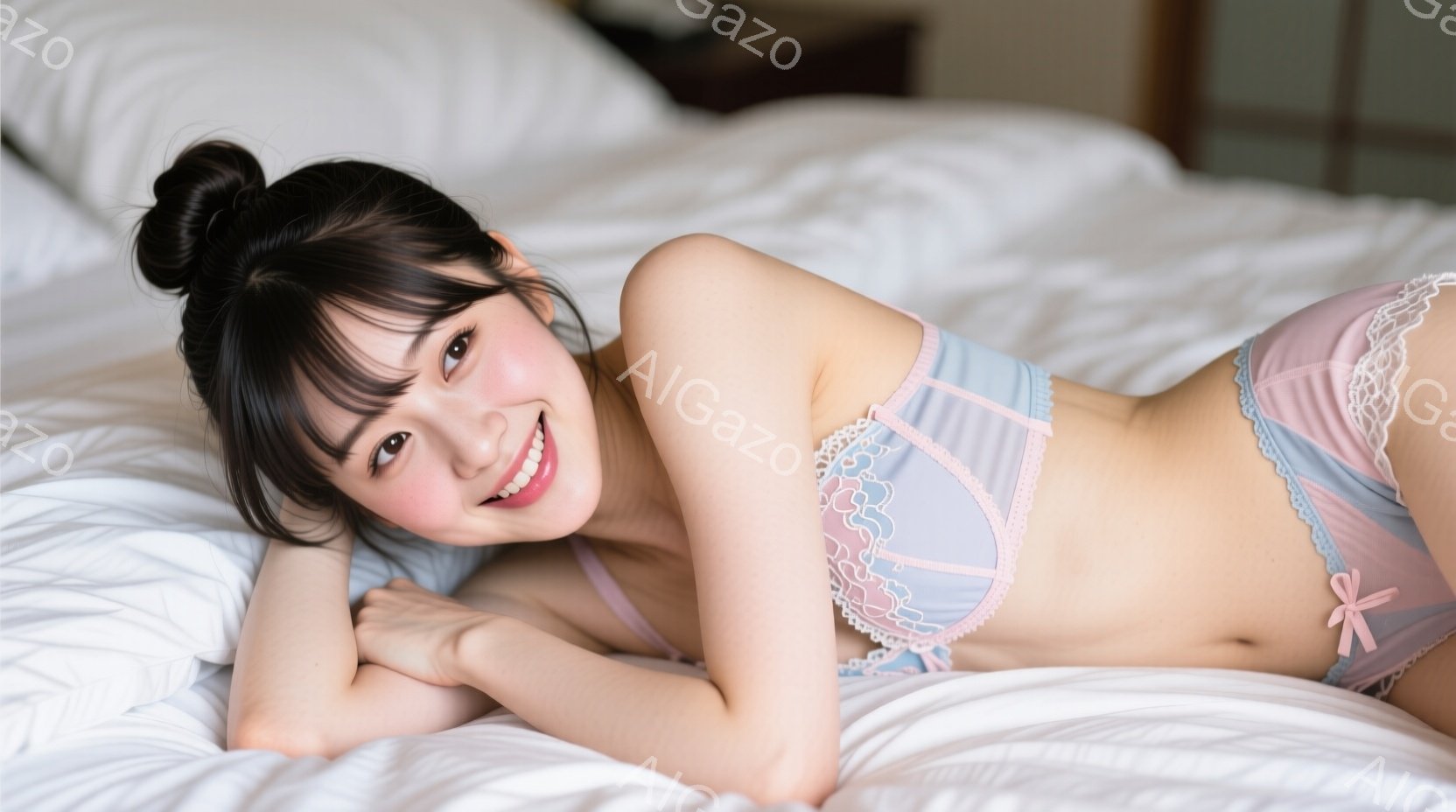 長い黒髪をまとめ、微笑みを浮かべた若い女性が、白いベッドの上に横たわっています。淡いブルーとピンクのレースがあしらわれたブラとショーツを着用しており、リラックスした雰囲気です。背景はぼやけており、室内 - AI生成フリー素材