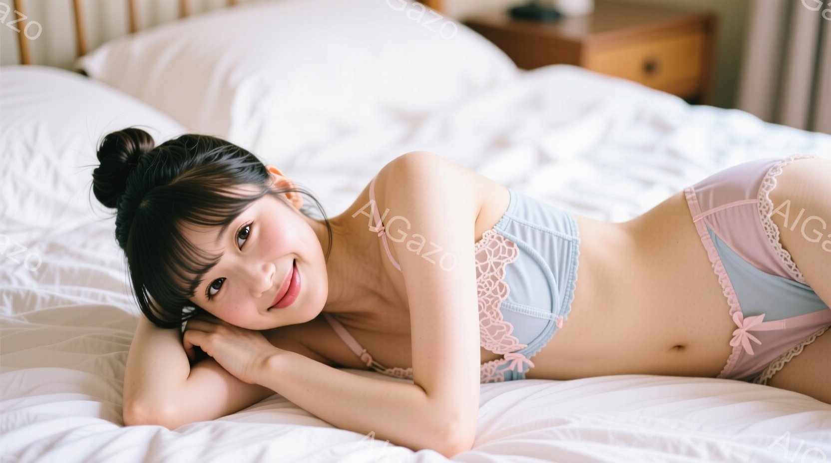 長い黒髪をサイドに流し、ベッドに横たわる若い女性が写っています。淡い水色のレースがあしらわれたブラジャーと、ピンク色のフリルがあしらわれたショーツを身につけており、リラックスした表情でカメラを見つめて - AI生成フリー素材