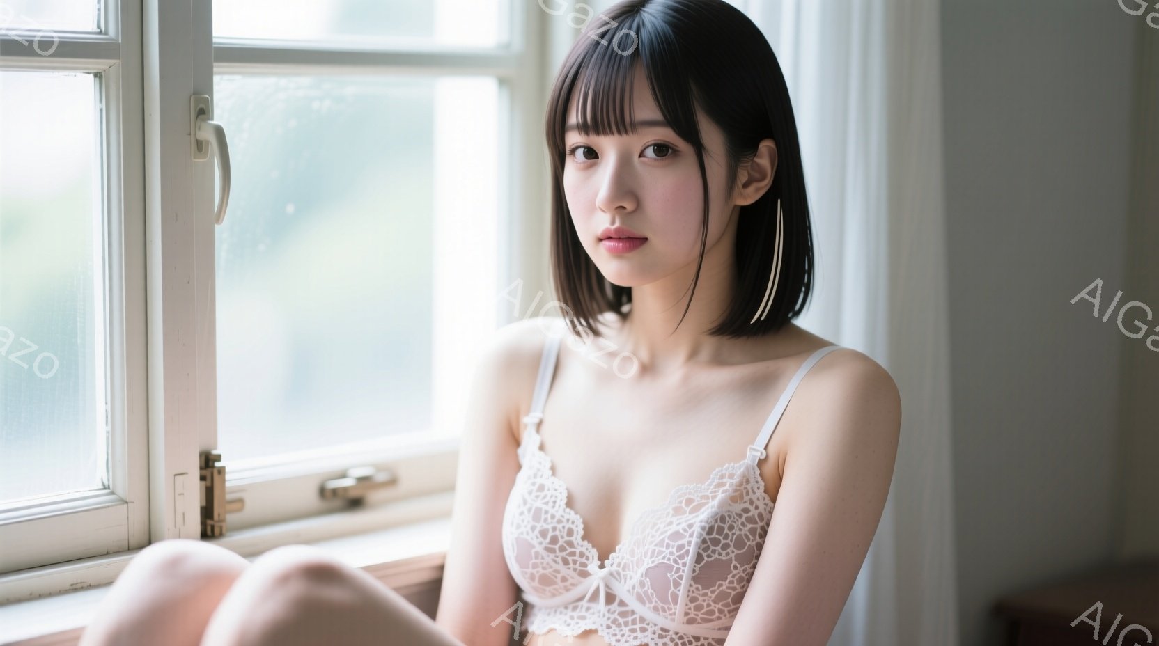 黒髪のショートヘアの女性が、レースのブラレットのみを着用して窓際に座っています。彼女は足を組み、少し憂いを帯びた表情でカメラを見つめています。窓の外はぼやけており、部屋の柔らかい光が彼女を照らしていま - AI生成フリー素材