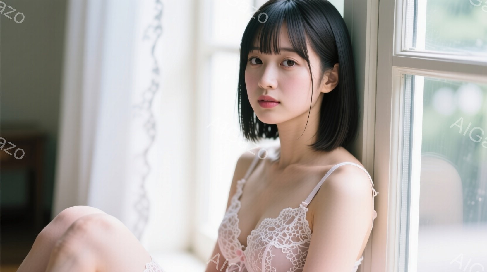 黒髪のボブヘアで、前髪を少し長めに伸ばした女性が、白いレースのブラレットを着用し、膝を抱えて壁際に座っています。彼女は穏やかな表情で、少し憂いを帯びた視線をカメラに向けています。背景は白い窓枠で、窓の - AI生成フリー素材