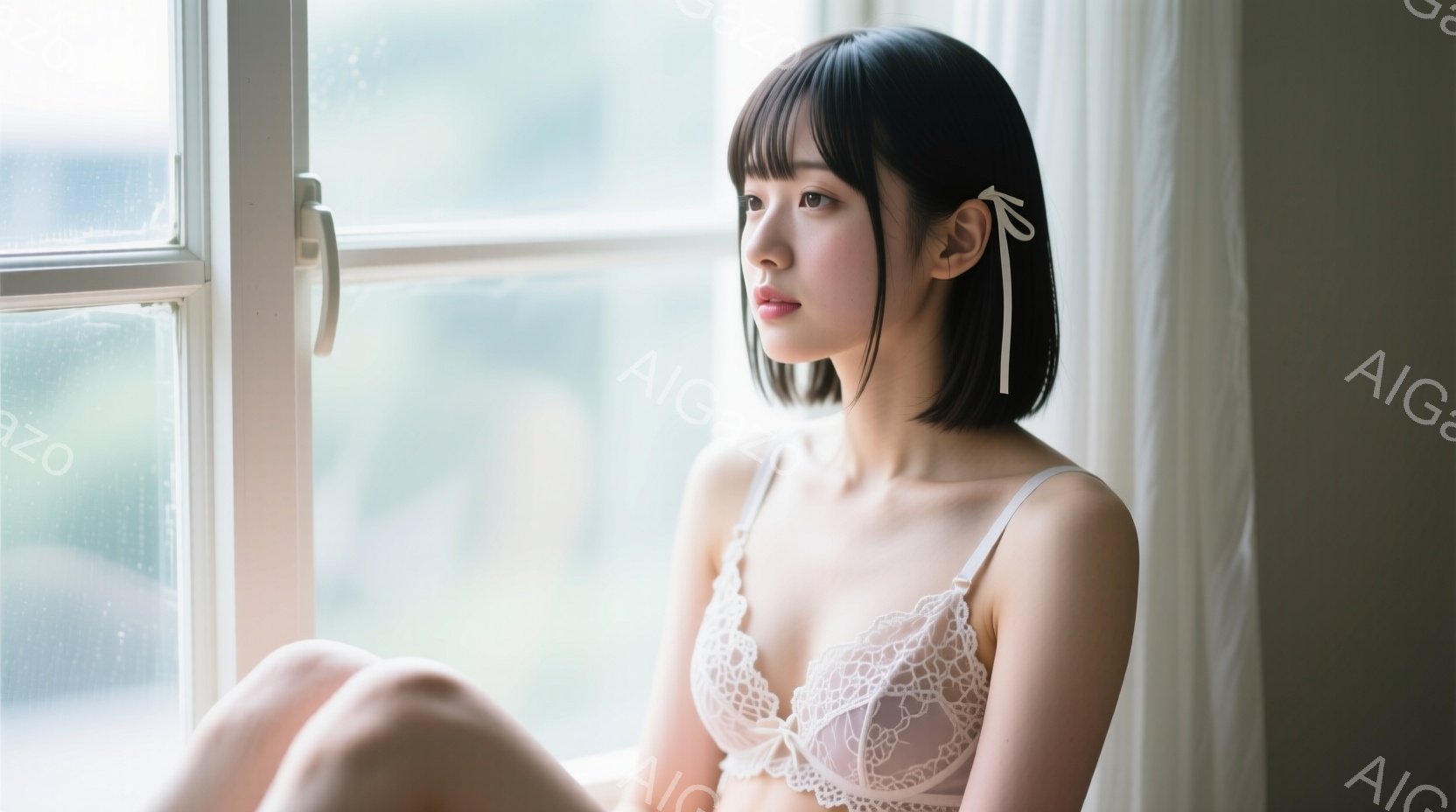 長い前髪と肩までの長さの黒髪が特徴的な女性が、窓辺に座って何かを考えている様子が描かれています。繊細なレースのブラレットのみを着用し、物憂げな表情で遠くを見つめています。背景はぼやけた緑で、自然光が差 - AI生成フリー素材