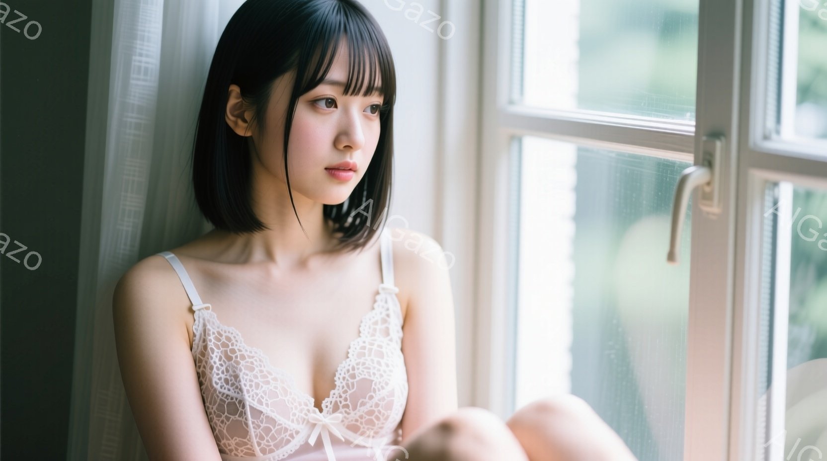 ショートヘアの女性が窓際に座り、繊細なレースのブラレットを着ています。彼女は少し憂いを帯びた表情で、遠くを見つめています。背景には緑豊かな木々が見え、柔らかい光が差し込み、全体的に穏やかで内省的な雰囲 - AI生成フリー素材