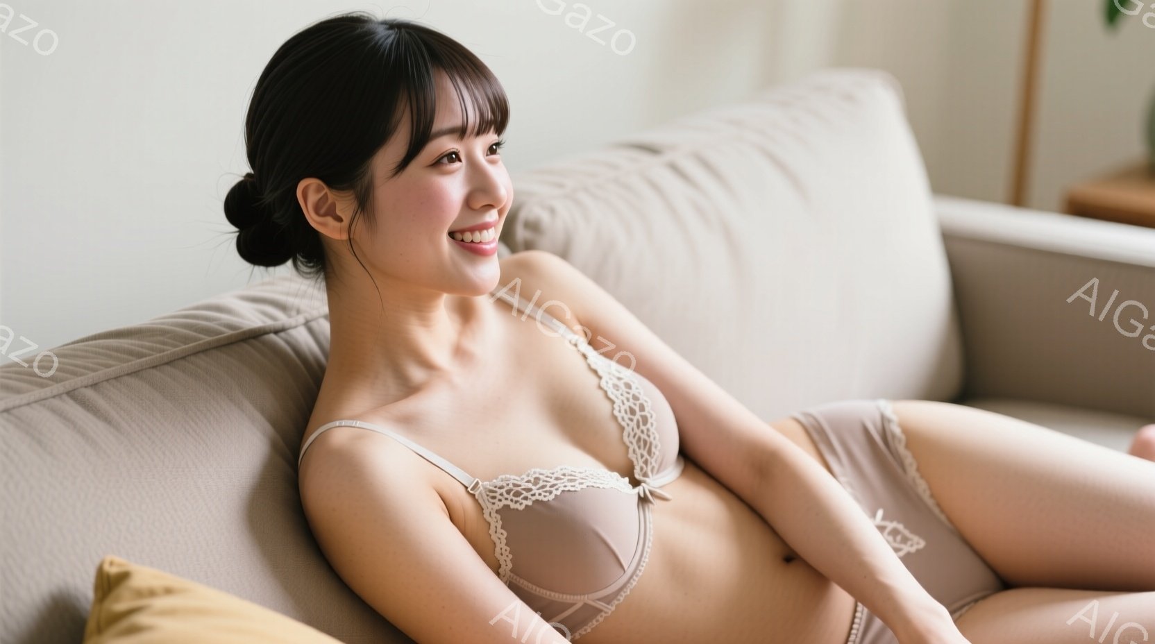 明るいリビングルームで、ベージュのブラとショーツを身につけた女性がソファに横たわっています。彼女は髪を後ろでまとめ、穏やかな笑顔を浮かべてリラックスした様子です。背景にはぼやけた家具が見え、全体的に暖 - AI生成フリー素材