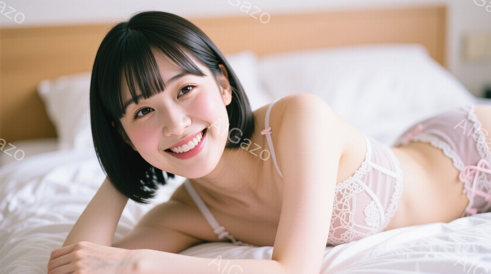 短い黒髪の女性がベッドに横たわっています。彼女はレースのブラとショーツを身につけ、笑顔でカメラを見ています。背景は白いベッドシーツで、全体的に柔らかく、リラックスした雰囲気が漂っています。 - AI生成フリー素材