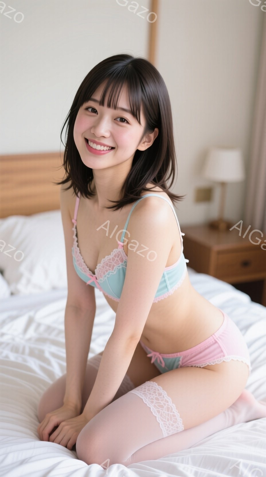 黒髪のボブヘアで、前髪を少し長めに残した女性が、薄い水色のブラジャーとピンクのショーツ、そして膝丈の白いレース付きソックスを身につけて、白いベッドの上に座っています。彼女は微笑んでいて、リラックスした - AI生成フリー素材
