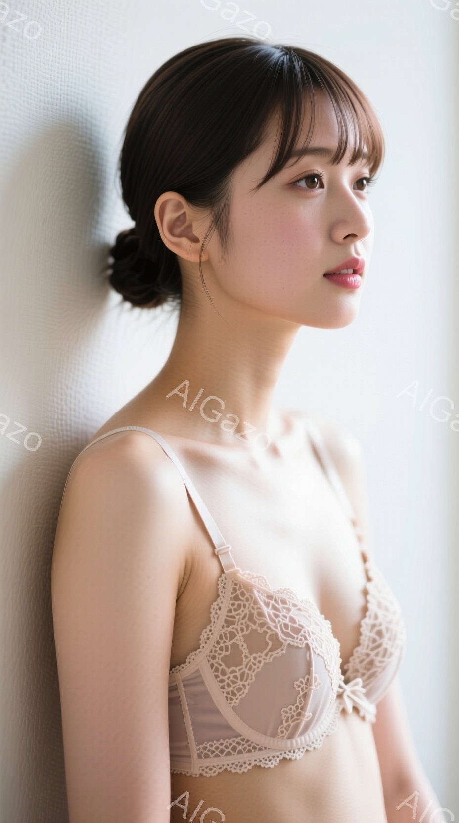 この女性は、繊細なレースが施された薄いピンク色のブラレットを着用し、正面を少し向きながら立っています。髪は後ろでまとめられ、顔は柔らかい表情で、わずかに微笑んでいるように見えます。背景は白壁で、全体的 - AI生成フリー素材