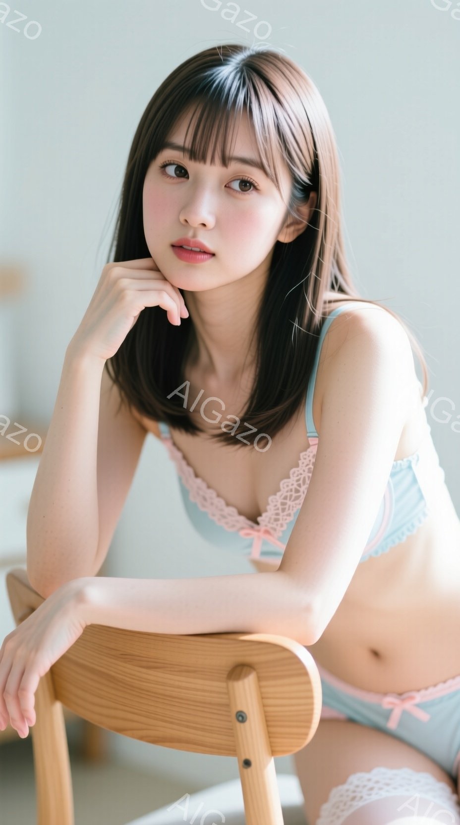 黒髪の女性が、水色のレースのブラとショーツ姿で椅子に座り、顎に手を当ててこちらを見ている。彼女の表情は穏やかで、少し微笑んでいるように見える。背景は白壁で、明るい自然光が差し込み、柔らかく穏やかな雰囲気を醸し出している。