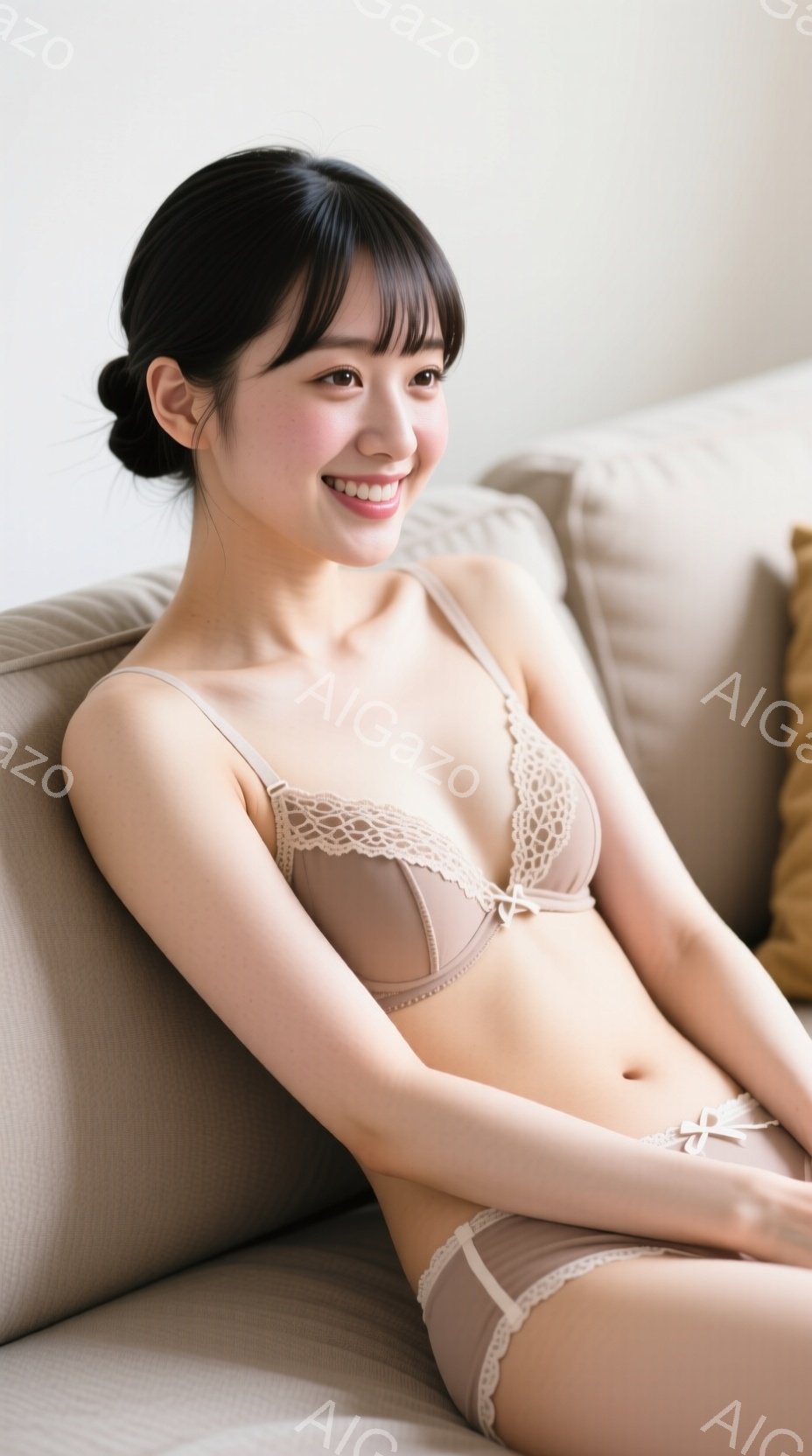 画像は、ベージュ色のレースのブラとショーツを身に着けた女性がソファに座っている様子を捉えています。彼女は微笑んでおり、髪は後ろでまとめられています。背景は淡い色のソファと、ぼやけた黄色のクッションで、 - AI生成フリー素材