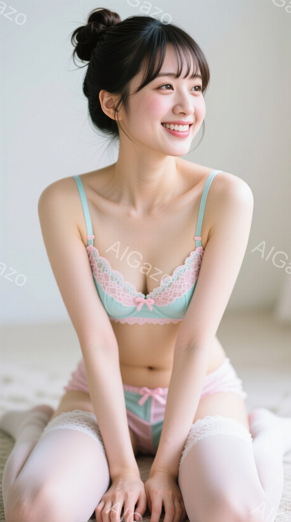 モデルは、パステルピンクとターコイズブルーのレースが特徴の可愛らしいランジェリーセットを身に着けています。彼女は膝を曲げて座り、少し上目遣いで微笑んでおり、明るくリラックスした雰囲気を醸し出しています。背景はシンプルで淡い色調で、モデルの可愛らしさを引き立てています。