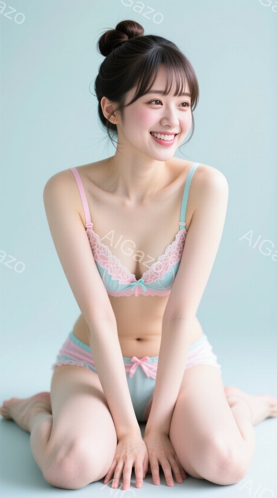 膝を曲げて座る若い女性は、淡いピンクと水色のレースが縁取られたブラジャーとショーツのセットを着用しています。彼女は明るい笑顔を浮かべ、前髪を下ろしたヘアスタイルで、全体的に柔らかく可愛らしい印象を与え - AI生成フリー素材