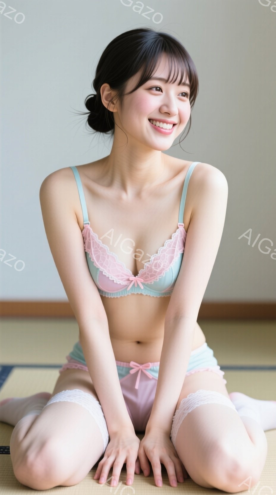 明るい色のブラジャーとショーツを身に着けた若い女性が、畳の上に座っています。彼女は微笑んでおり、リラックスした表情で、少し足を組んでいます。背景はシンプルな壁で、全体的に柔らかく穏やかな雰囲気です。 - AI生成フリー素材