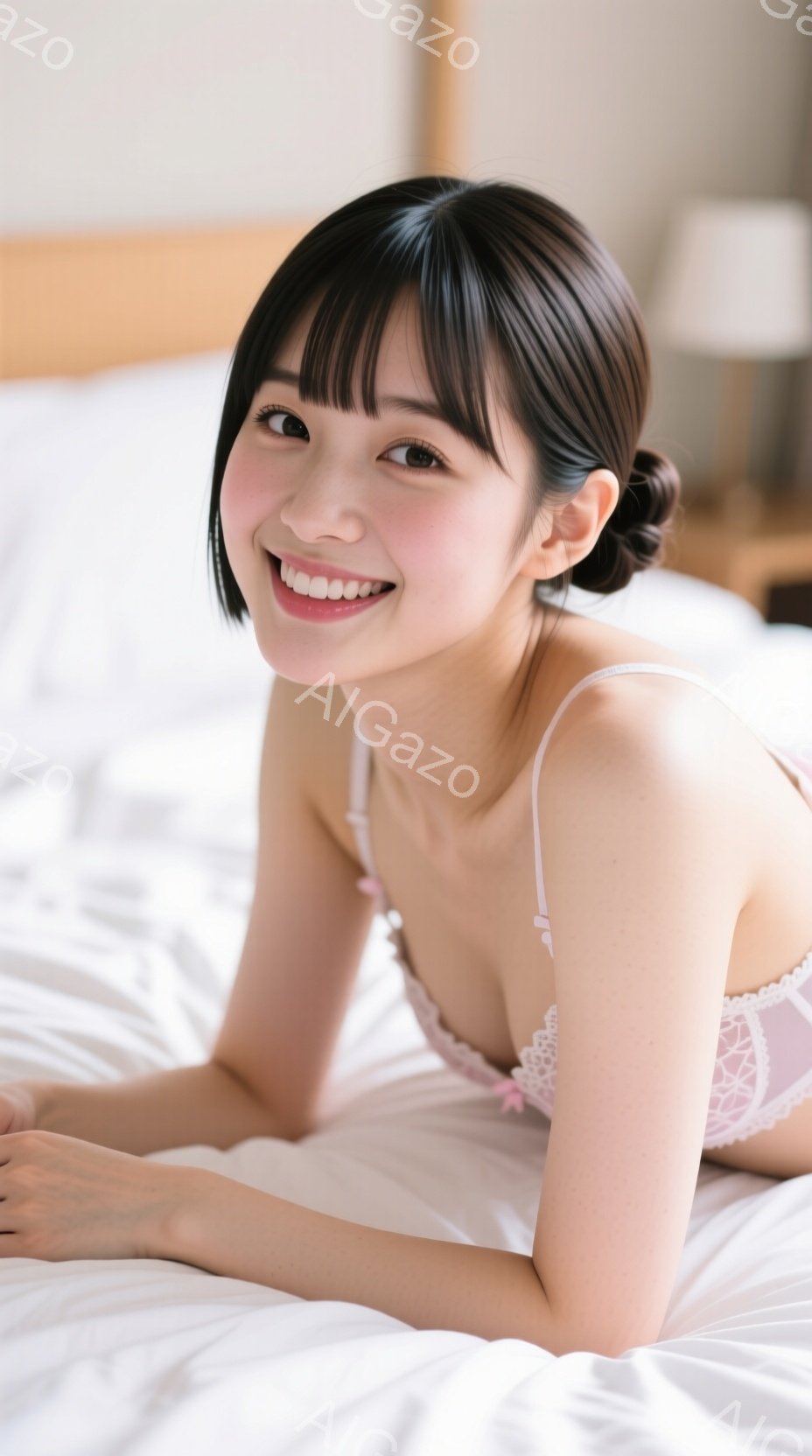 黒髪のショートヘアで、前髪は眉毛にかかるようにカットされた女性が写っています。ピンク色の繊細なレースが縁取られたキャミソールを着て、ベッドに横たわり、穏やかな笑顔を浮かべています。背景は白く清潔感のあ - AI生成フリー素材