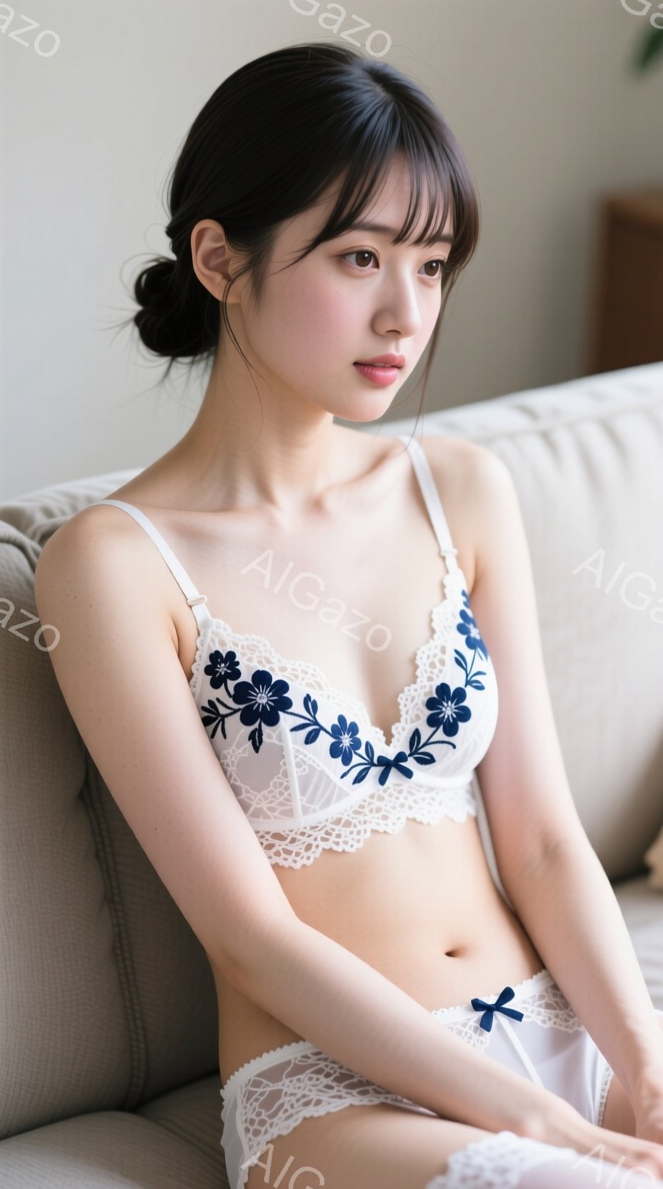 明るい色のソファに座った若い女性が写っている。白地に青い花柄のレースのブラジャーとショーツを身につけ、黒髪をハーフアップにしている。彼女は少し憂いのある表情で、リラックスしたポーズで座っている。 - AI生成フリー素材
