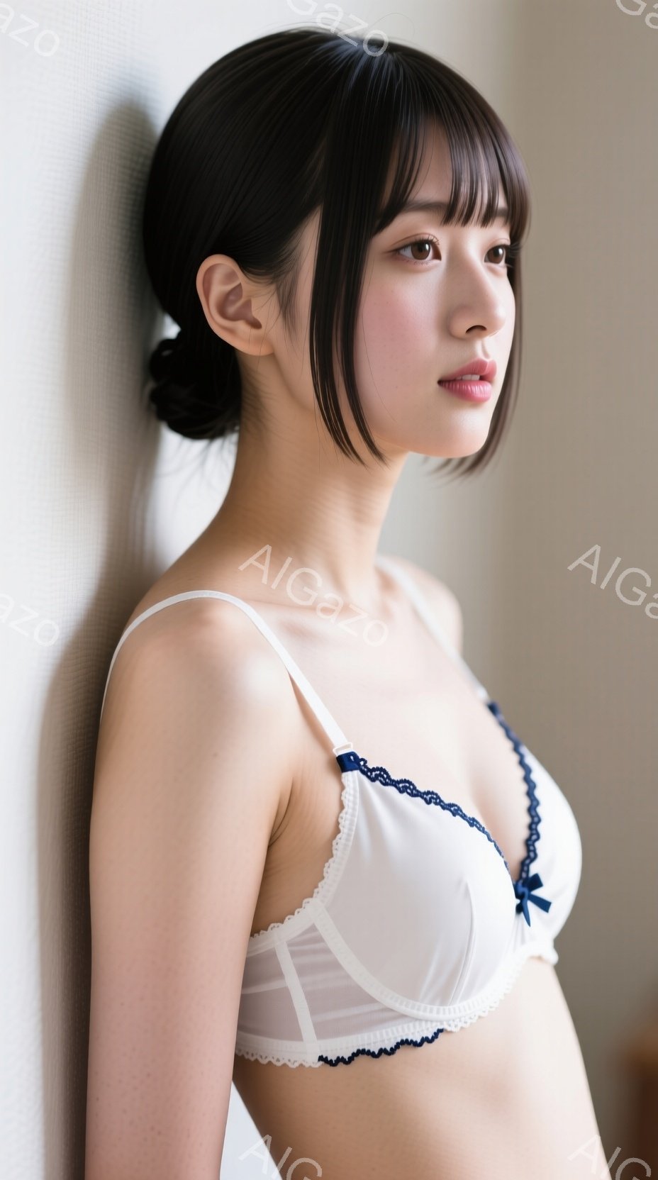 彼女は白いレースのブラジャーを着ており、肩をわずかに露出しています。 彼女は黒髪で、前髪が目に少しかかり、穏やかな表情をしています。 背景はシンプルな白い壁で、彼女の横顔が際立っています。 - AI生成フリー素材