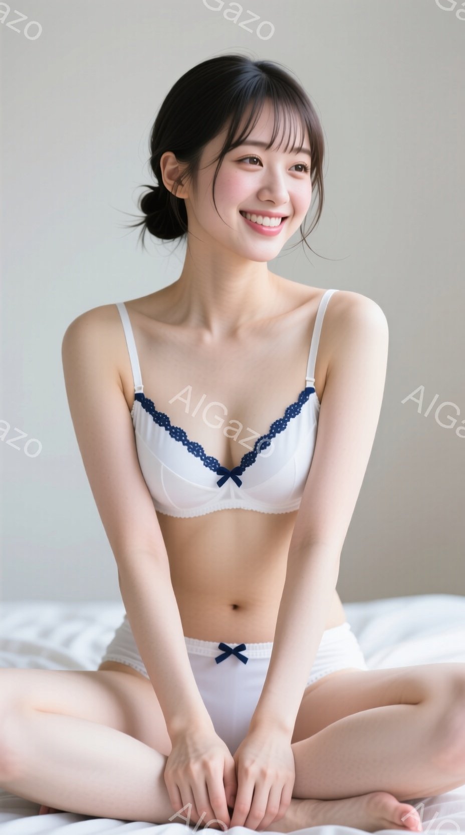 若い女性が白いベッドに座って微笑んでいます。彼女は白いブラウスと下着姿で、黒いリボンがアクセントになっています。彼女の髪は黒く、前髪が流れており、全体的に柔らかく明るい雰囲気です。 - AI生成フリー素材