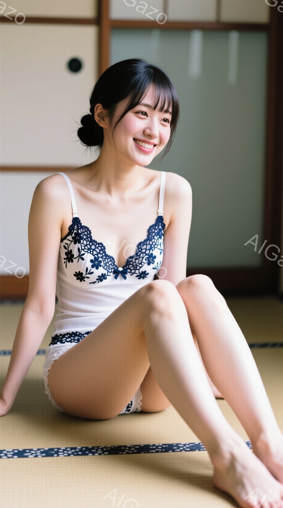 畳の上に座る若い女性が写っています。白いレースのキャミソールとショーツを身につけ、濡れた髪を後ろで束ねています。彼女は微笑んでおり、リラックスした雰囲気で、足は素足です。